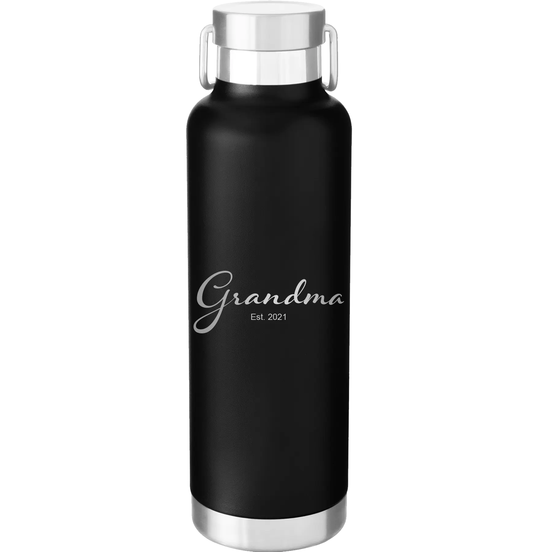 Personalized black 24 oz vacuum insulated water bottle with 'Grandma est' design
