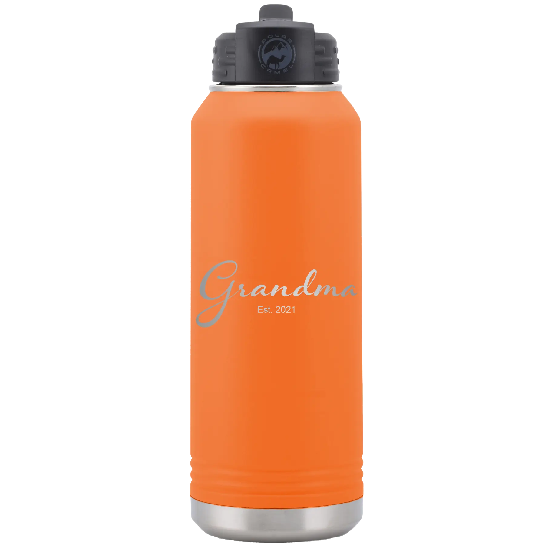 Personalized orange 32 oz vacuum insulated water bottle with 'Grandma est' design