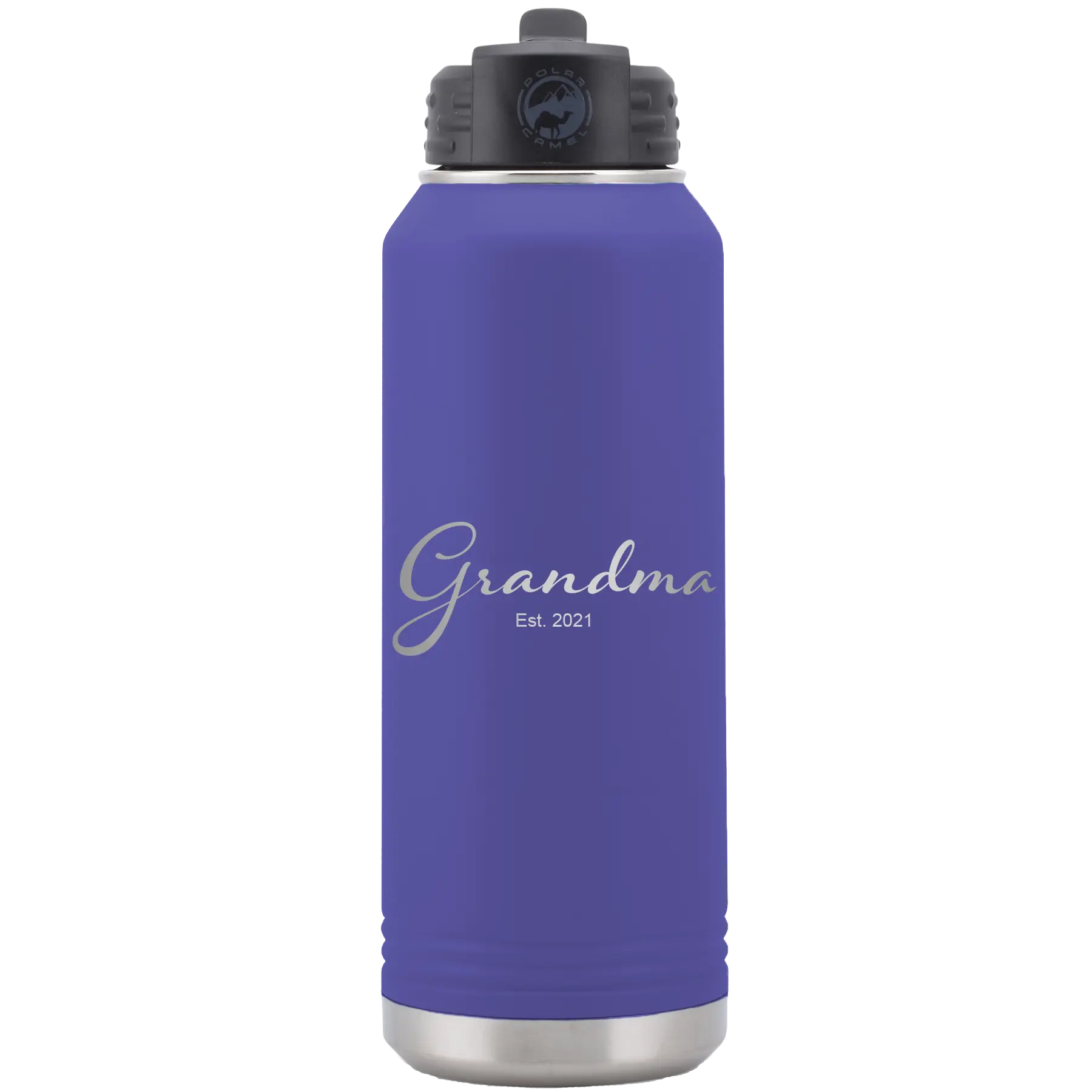 Personalized purple 32 oz vacuum insulated water bottle with 'Grandma est' design