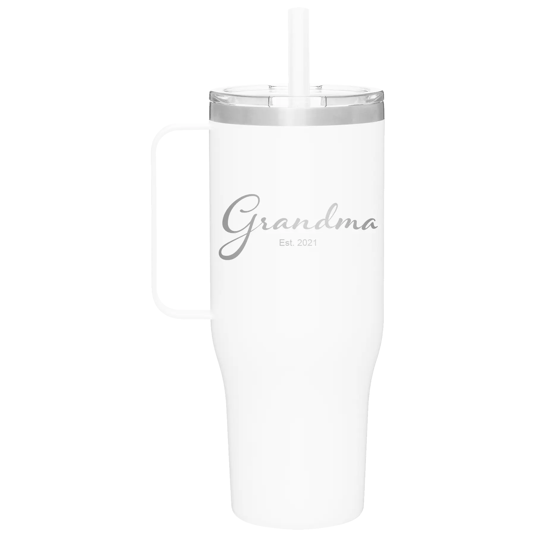 Personalized white 40 oz vacuum insulated tumbler mug with 'Grandma est' design