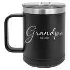 Personalized black 15 oz vacuum insulated coffee mug with 'Grandpa est' design