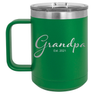Personalized green 15 oz vacuum insulated coffee mug with 'Grandpa est' design