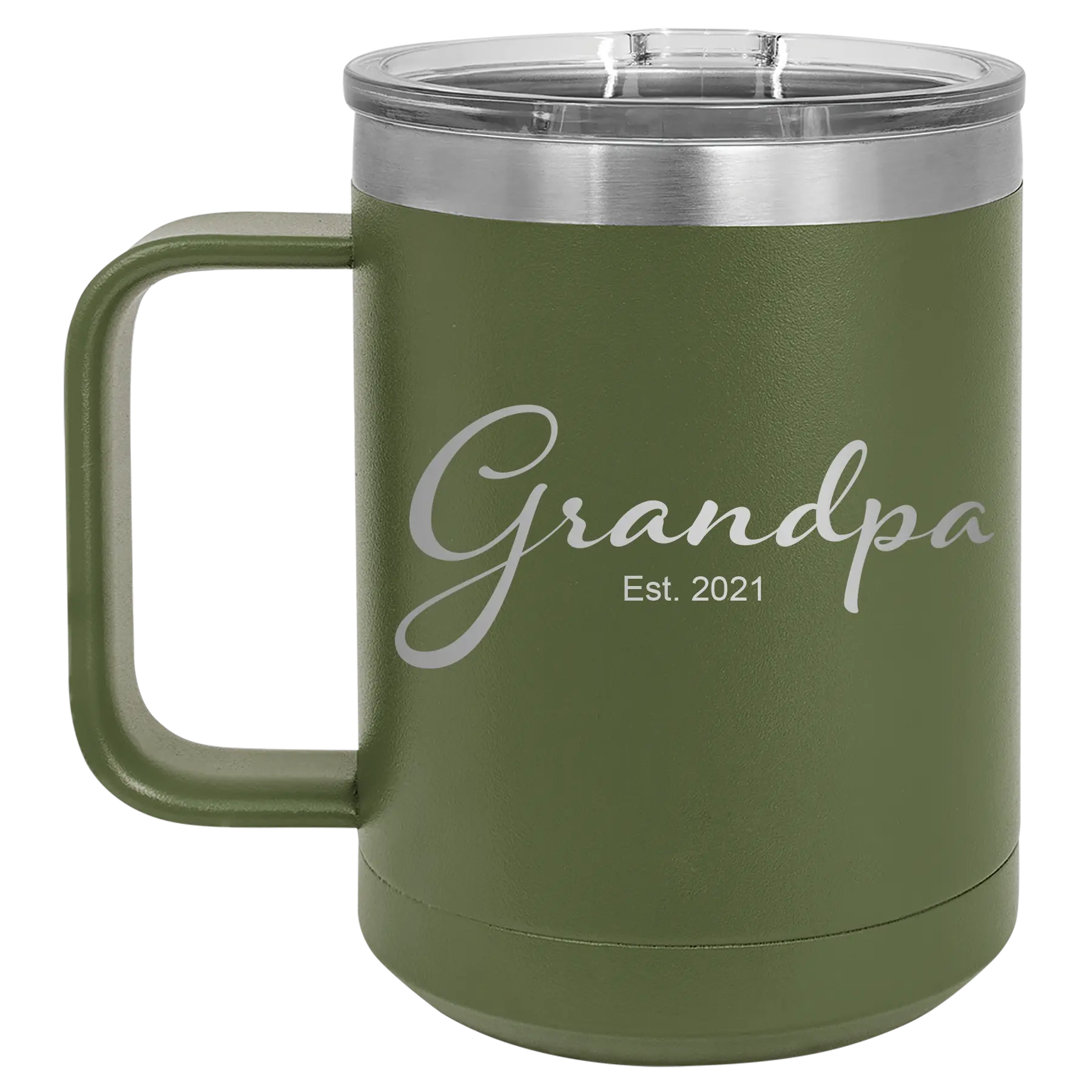 Personalized olive green 15 oz vacuum insulated coffee mug with 'Grandpa est' design