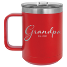 Personalized red 15 oz vacuum insulated coffee mug with 'Grandpa est' design