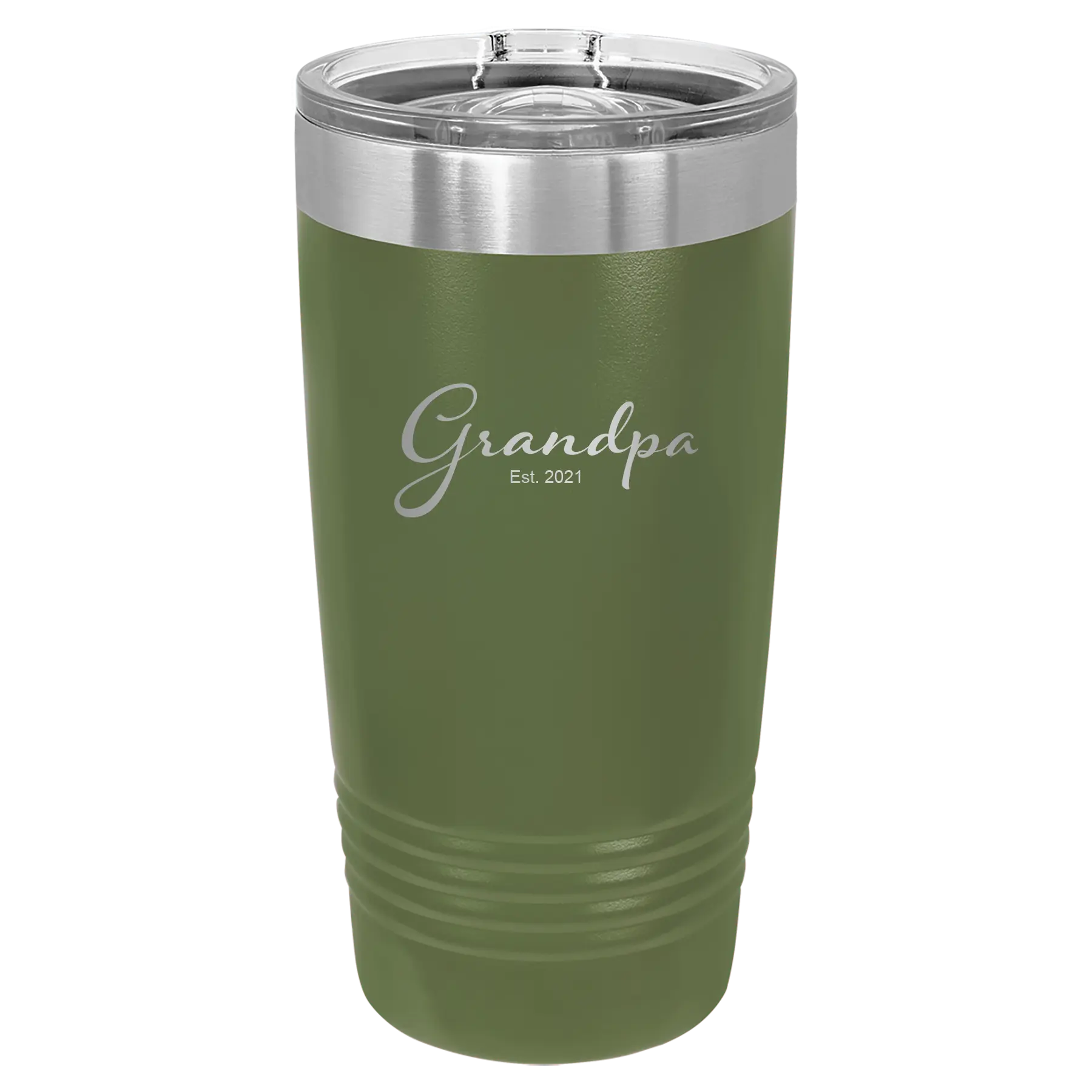 Personalized olive green 20 oz vacuum insulated tumbler with 'Grandpa est' design