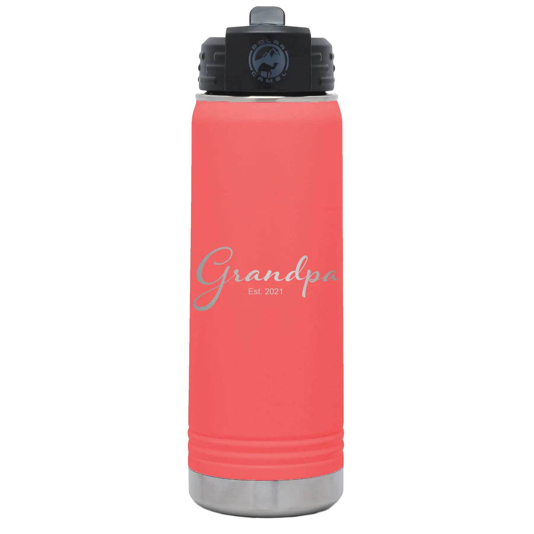 Personalized coral 20 oz vacuum insulated water bottle with 'Grandpa est' design