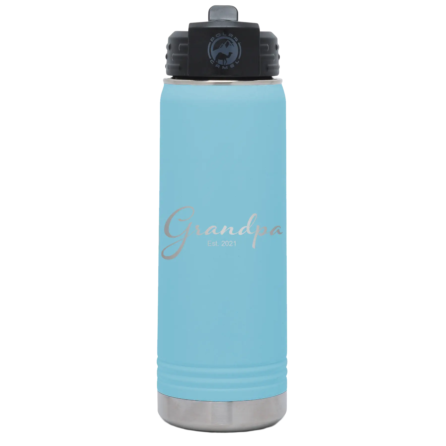 Personalized light blue 20 oz vacuum insulated water bottle with 'Grandpa est' design