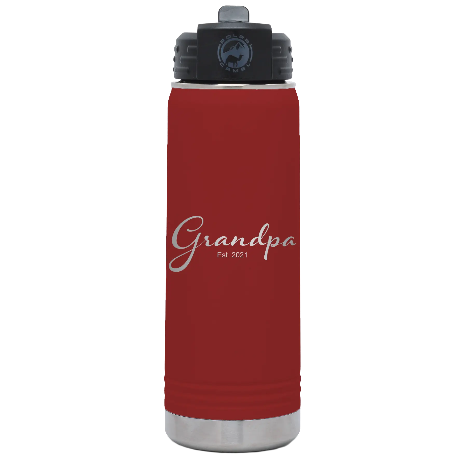 Personalized maroon 20 oz vacuum insulated water bottle with 'Grandpa est' design