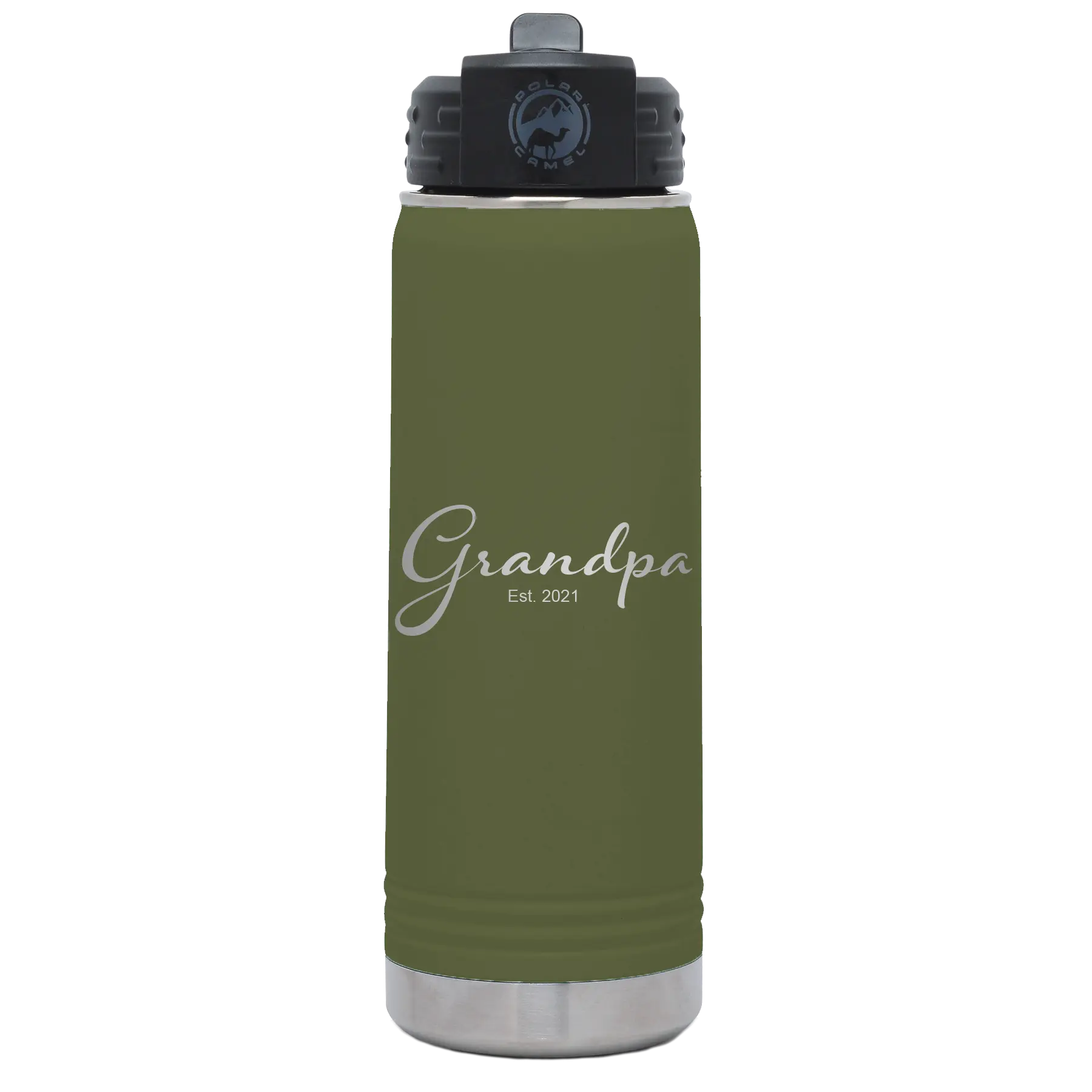 Personalized olive green 20 oz vacuum insulated water bottle with 'Grandpa est' design
