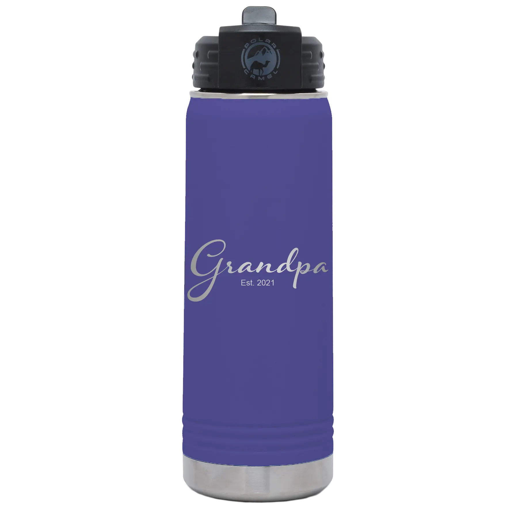 Personalized purple 20 oz vacuum insulated water bottle with 'Grandpa est' design