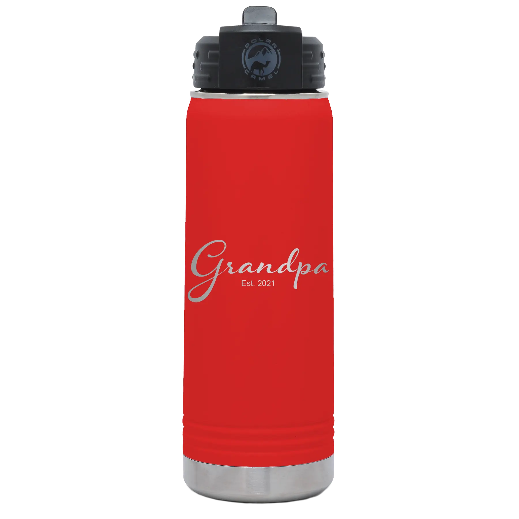 Personalized red 20 oz vacuum insulated water bottle with 'Grandpa est' design