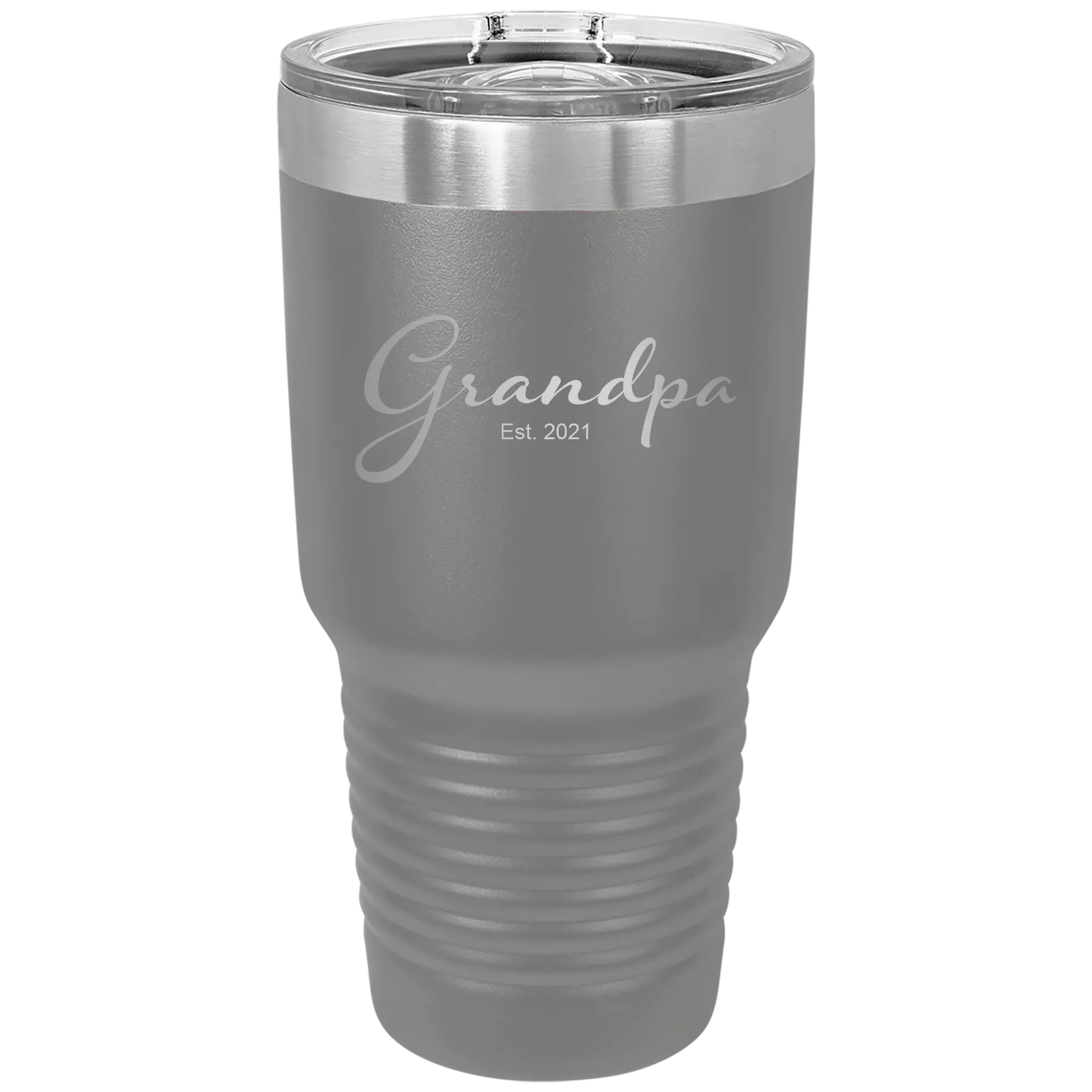 Personalized dark gray 30 oz vacuum insulated tumbler with 'Grandpa est' design
