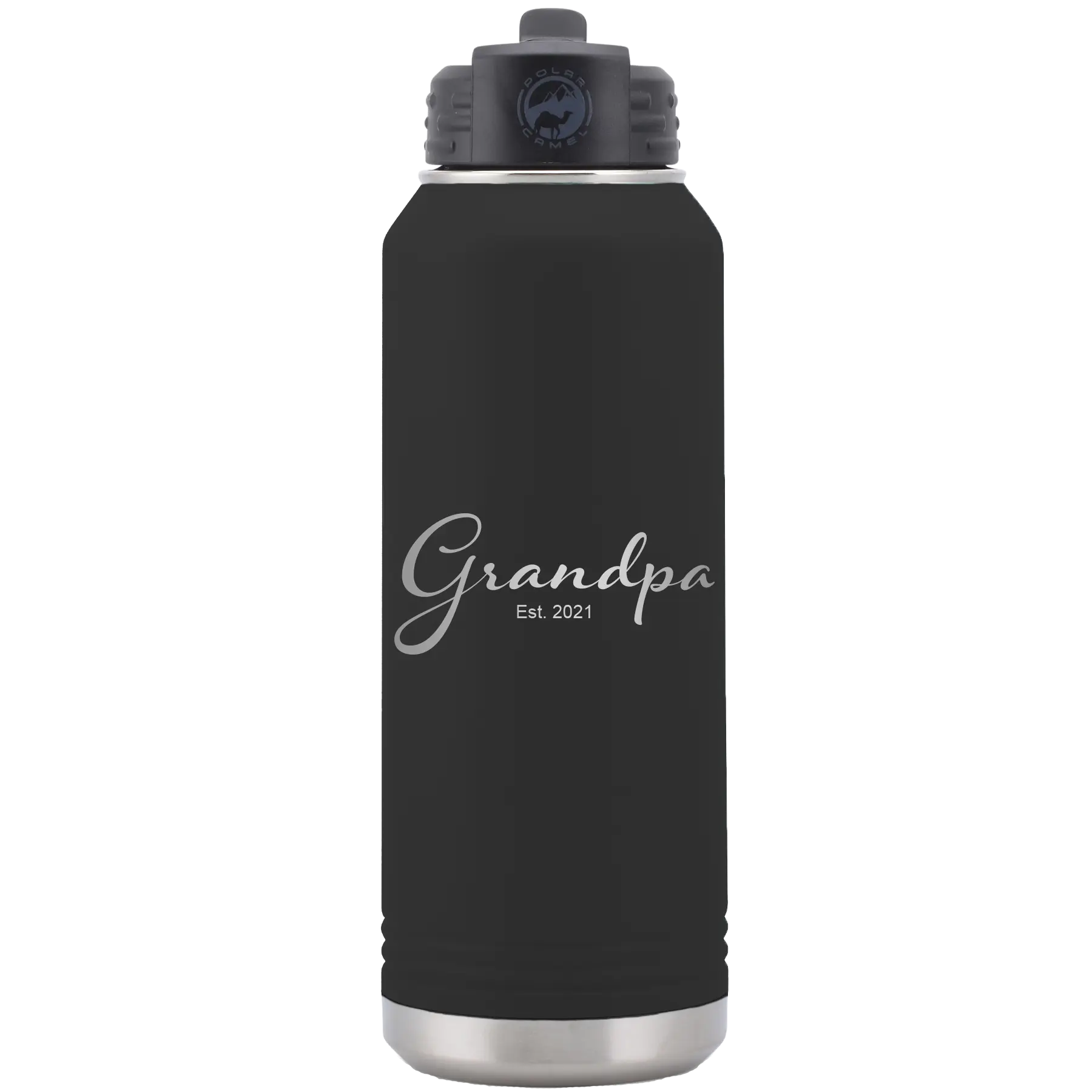 Personalized black 32 oz vacuum insulated water bottle with 'Grandpa est' design