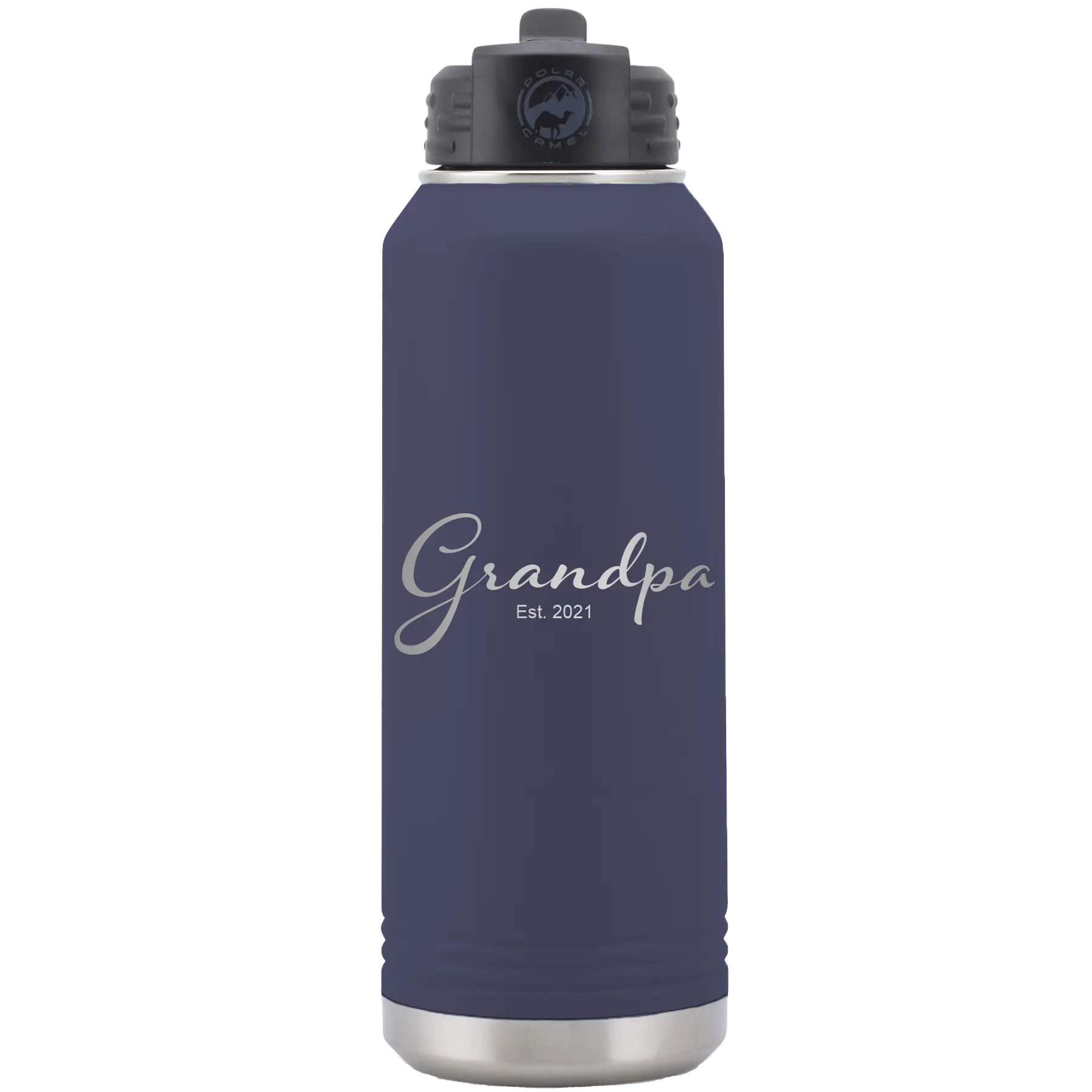 Personalized navy 32 oz vacuum insulated water bottle with 'Grandpa est' design