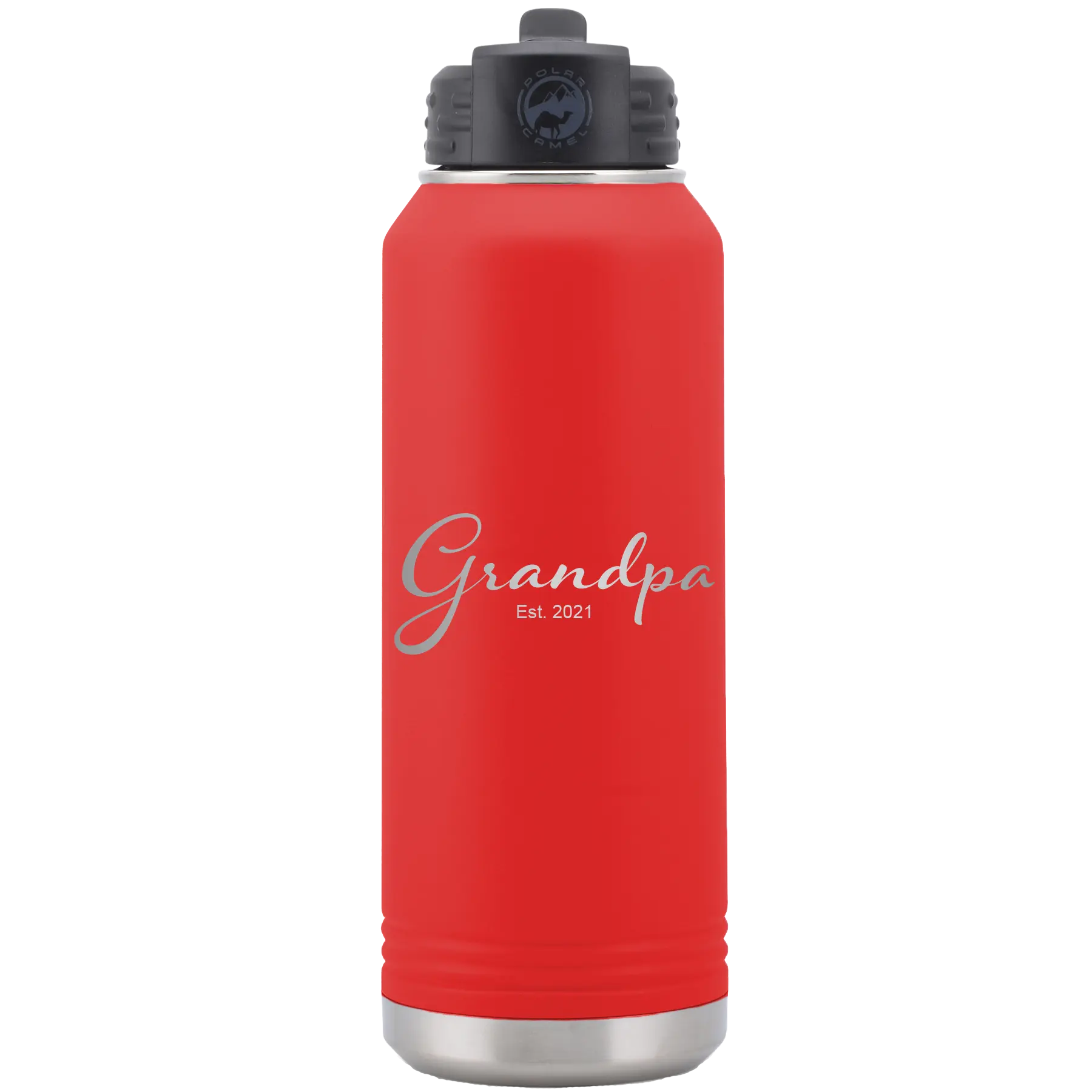 Personalized red 32 oz vacuum insulated water bottle with 'Grandpa est' design