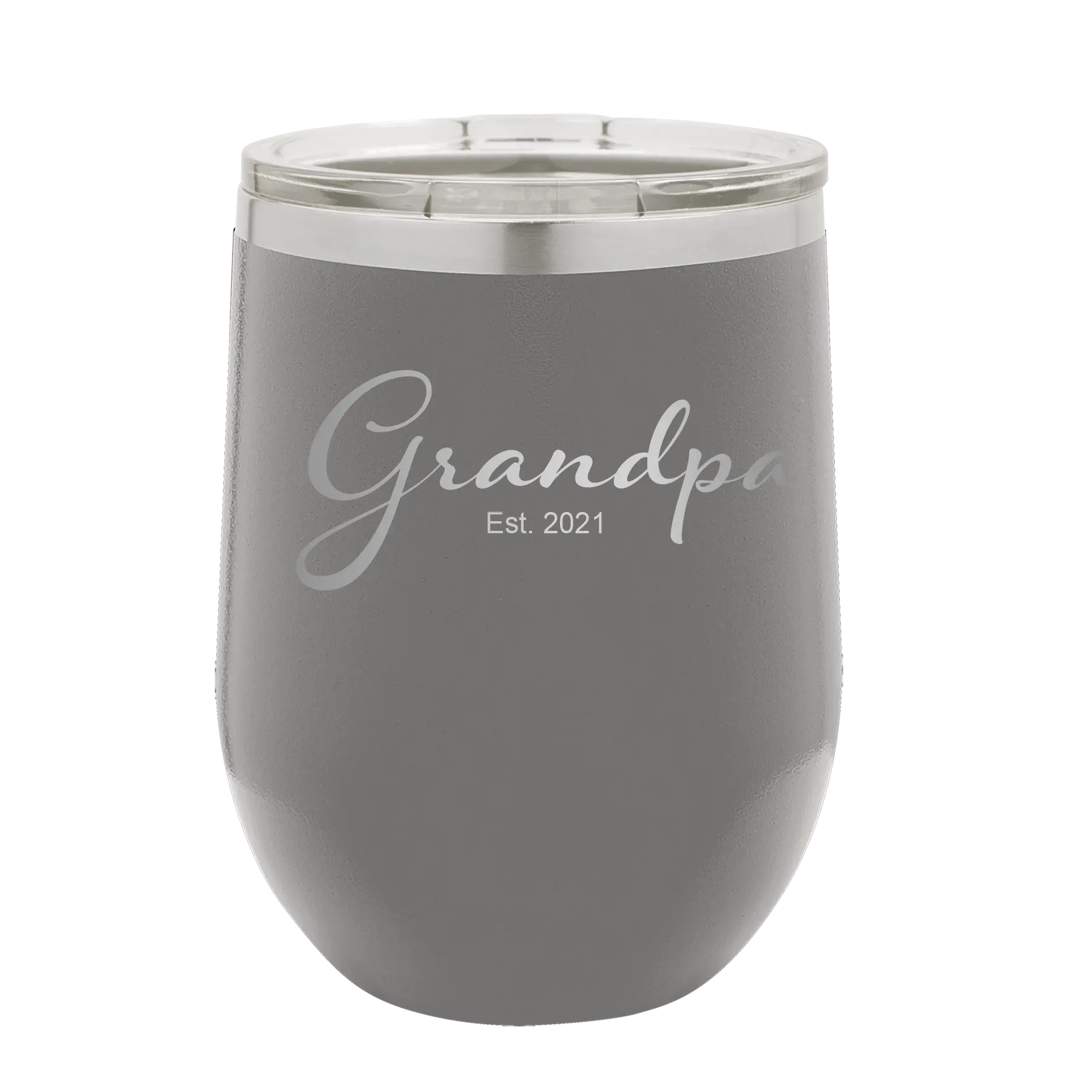 Personalized dark gray 12 oz vacuum insulated wine cup with 'Grandpa est' design