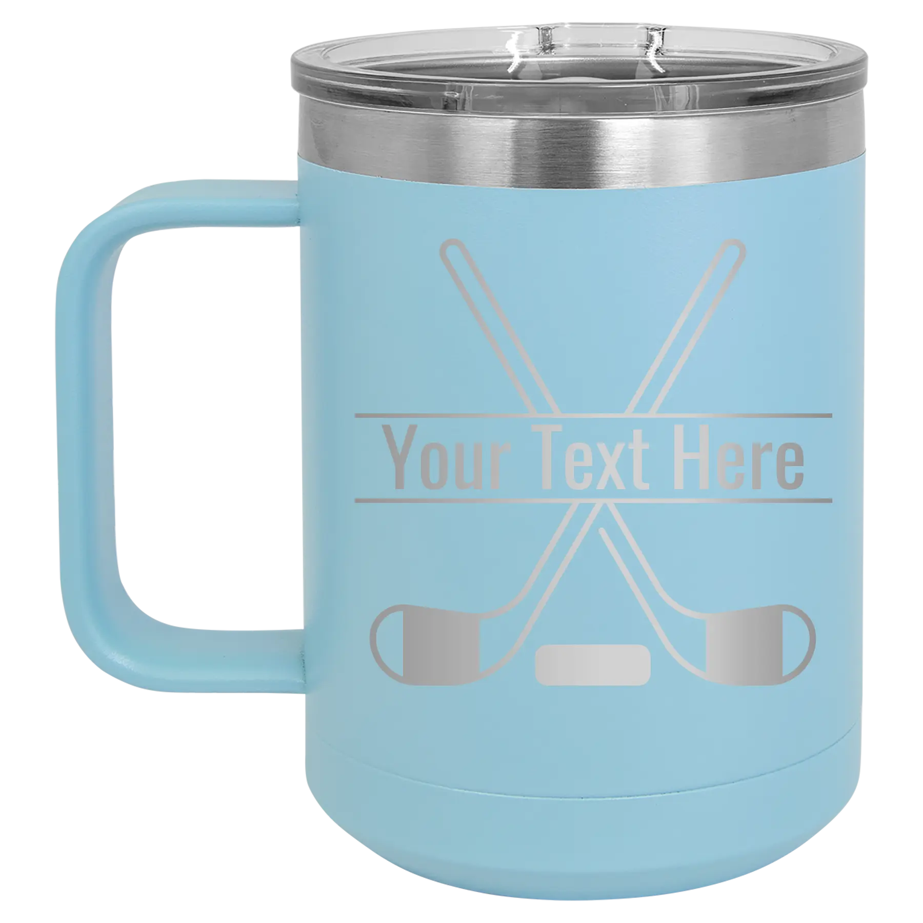 Personalized light blue 15 oz vacuum insulated coffee mug with 'Hockey' design
