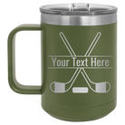 Personalized olive green 15 oz vacuum insulated coffee mug with 'Hockey' design