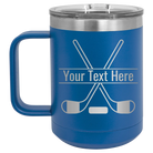 Personalized royal blue 15 oz vacuum insulated coffee mug with 'Hockey' design