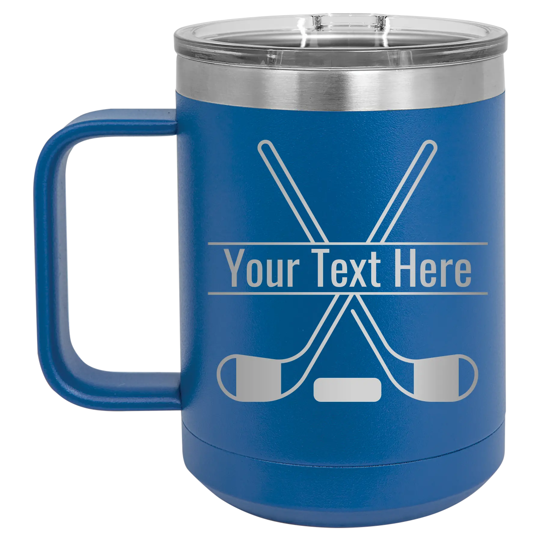 Personalized royal blue 15 oz vacuum insulated coffee mug with 'Hockey' design