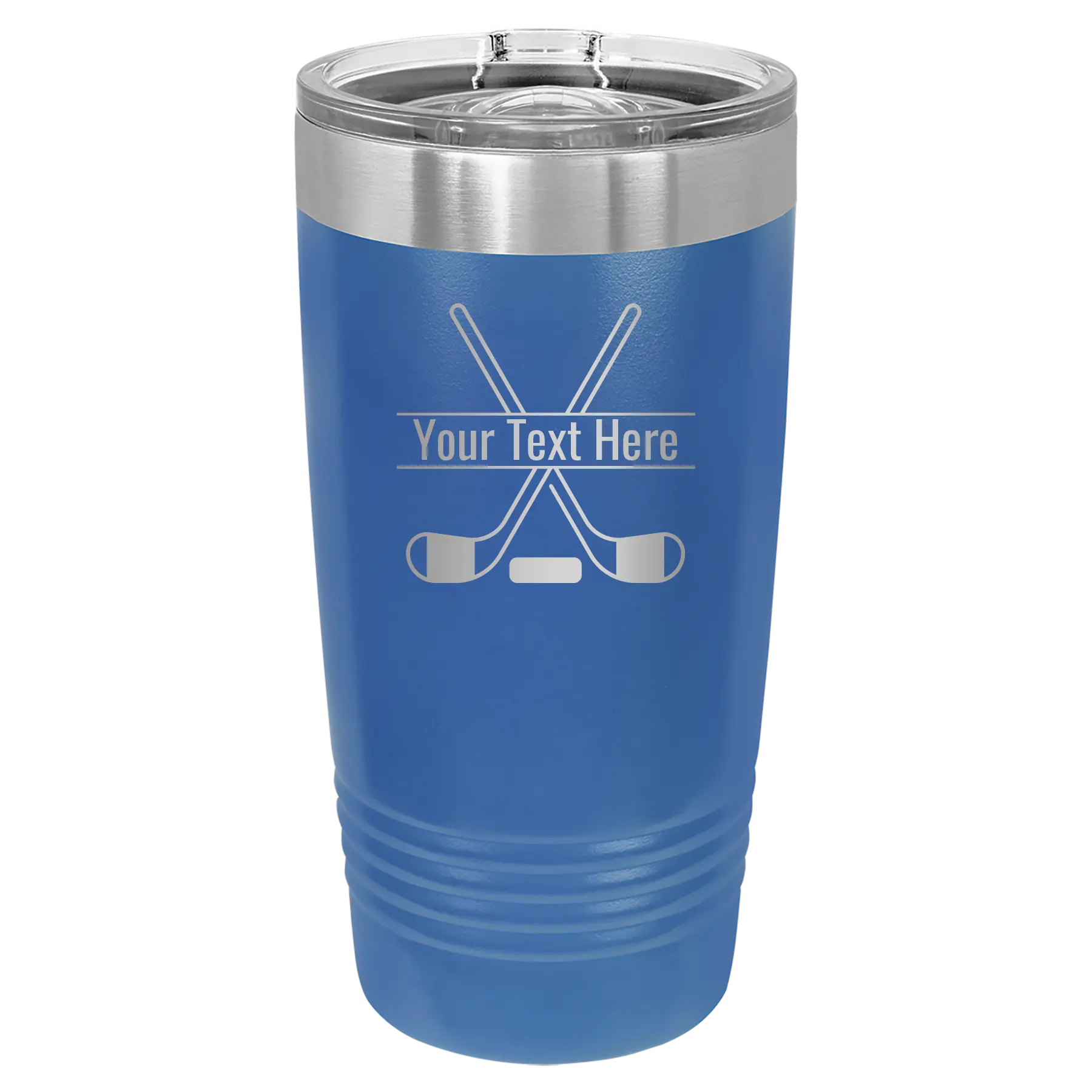Personalized royal blue 20 oz vacuum insulated tumbler with 'Hockey' design