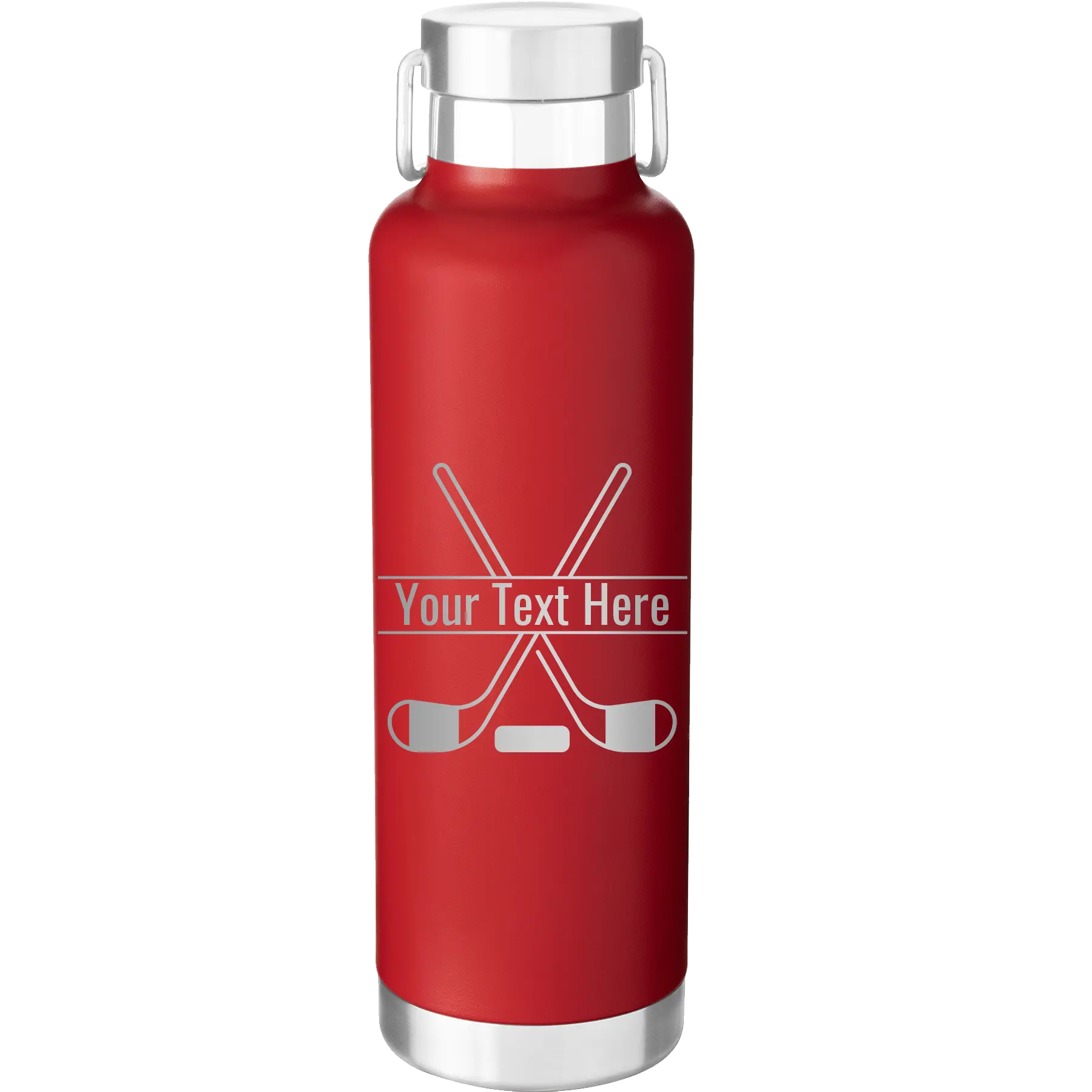 Personalized red 24 oz vacuum insulated water bottle with 'Hockey' design