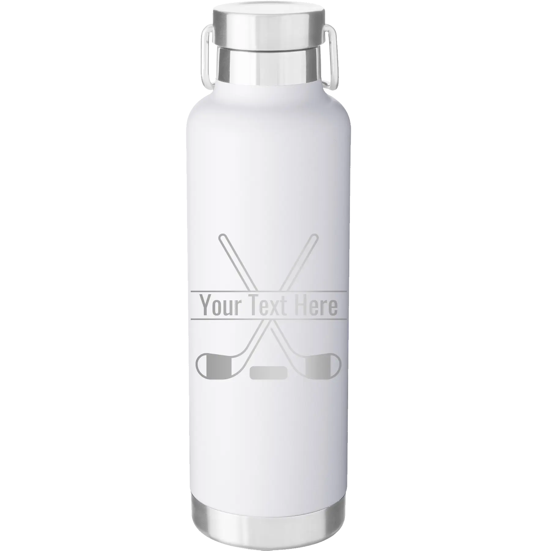 Personalized white 24 oz vacuum insulated water bottle with 'Hockey' design
