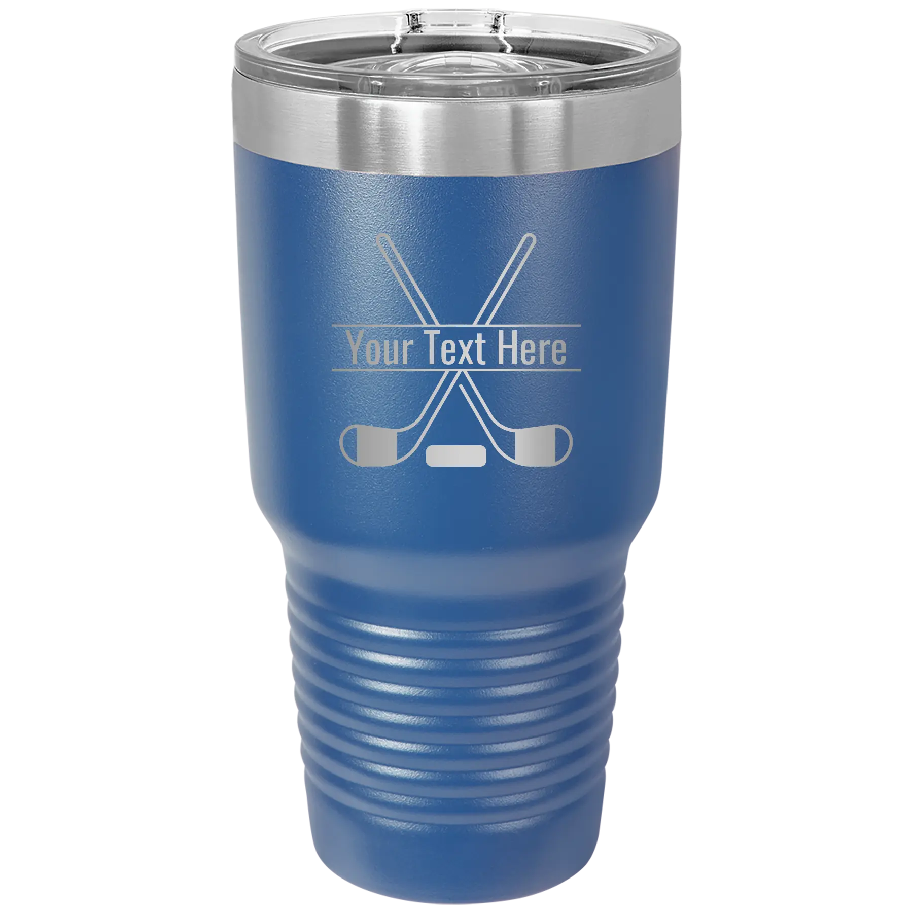 Personalized royal blue 30 oz vacuum insulated tumbler with 'Hockey' design
