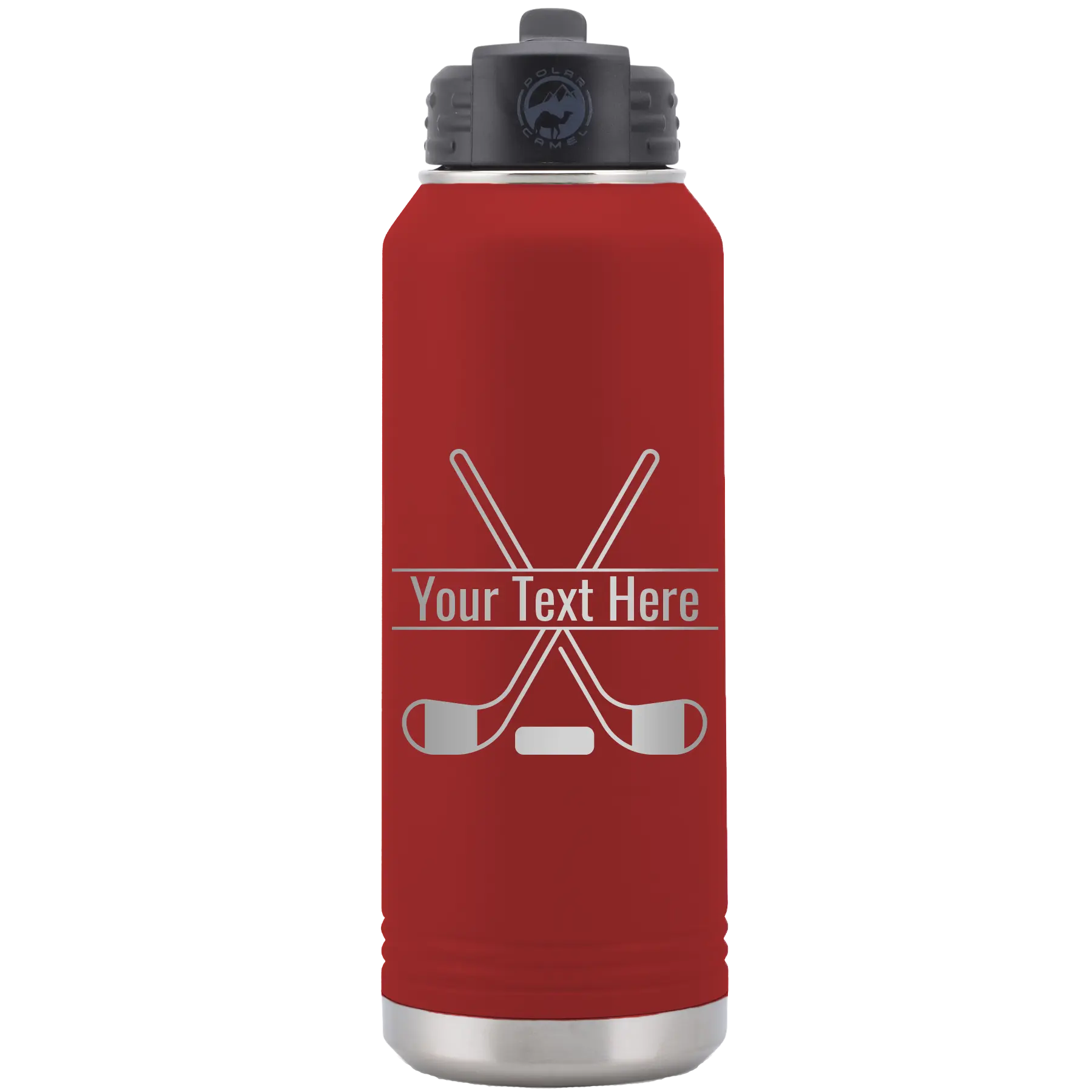 Personalized maroon 32 oz vacuum insulated water bottle with 'Hockey' design