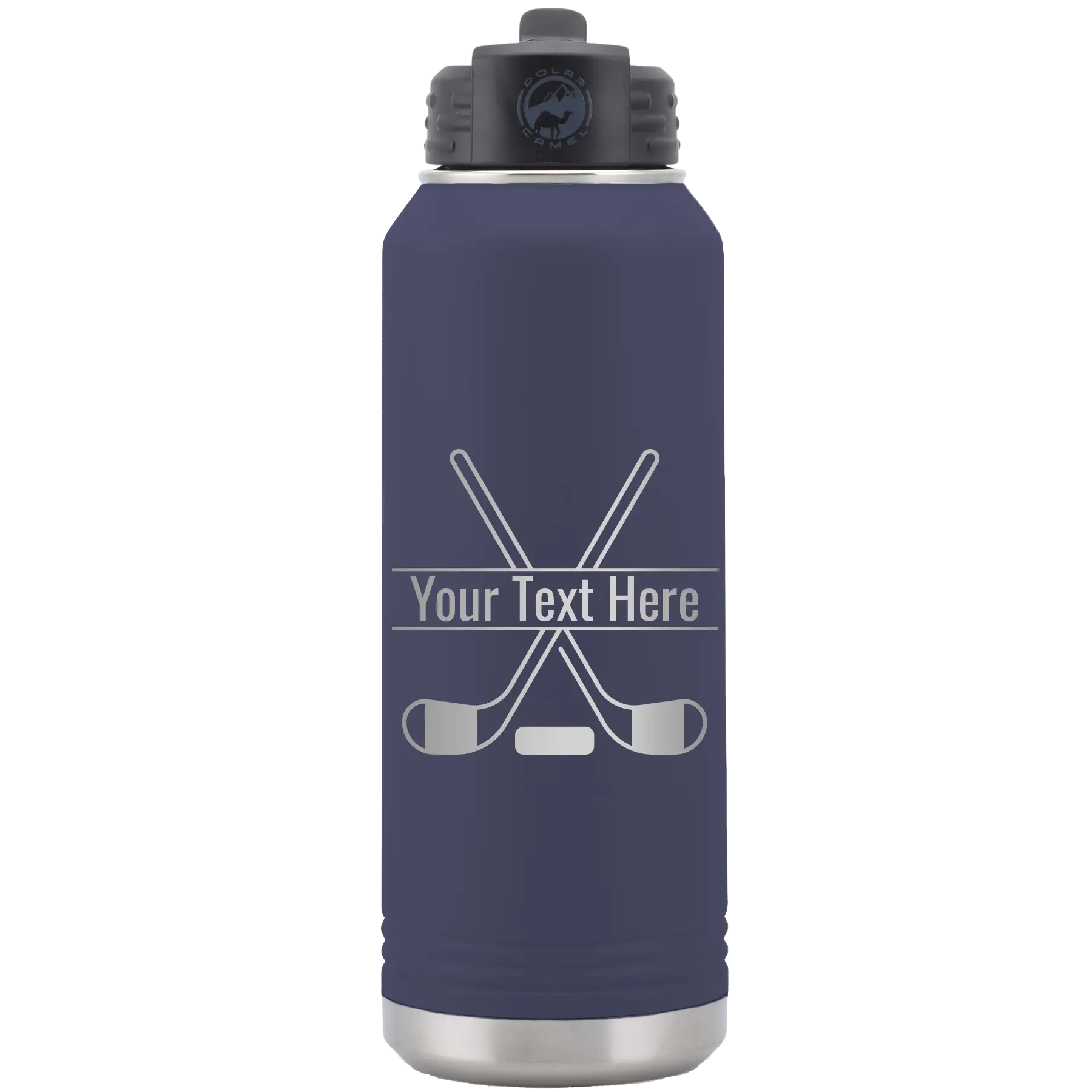 Personalized navy 32 oz vacuum insulated water bottle with 'Hockey' design