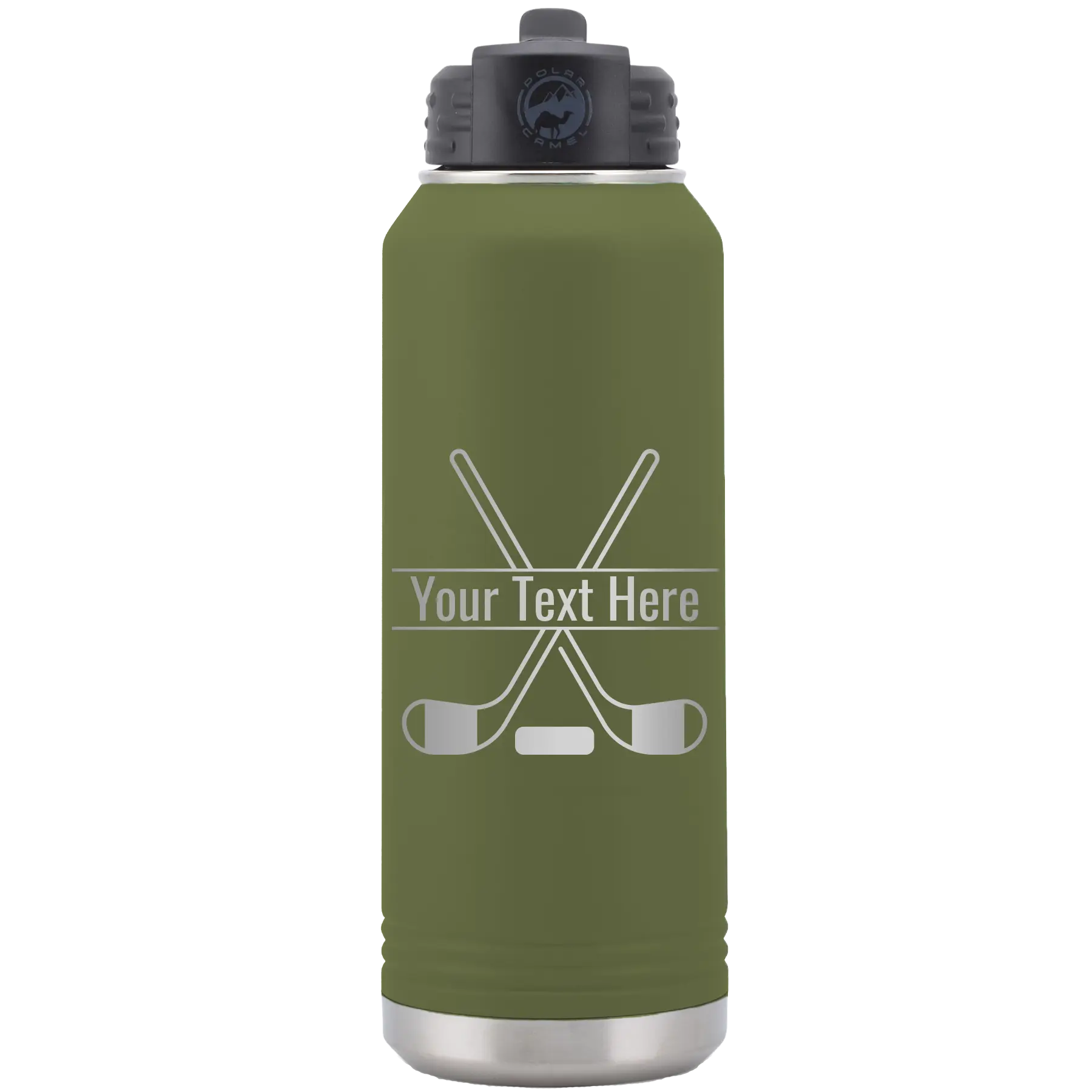 Personalized olive green 32 oz vacuum insulated water bottle with 'Hockey' design