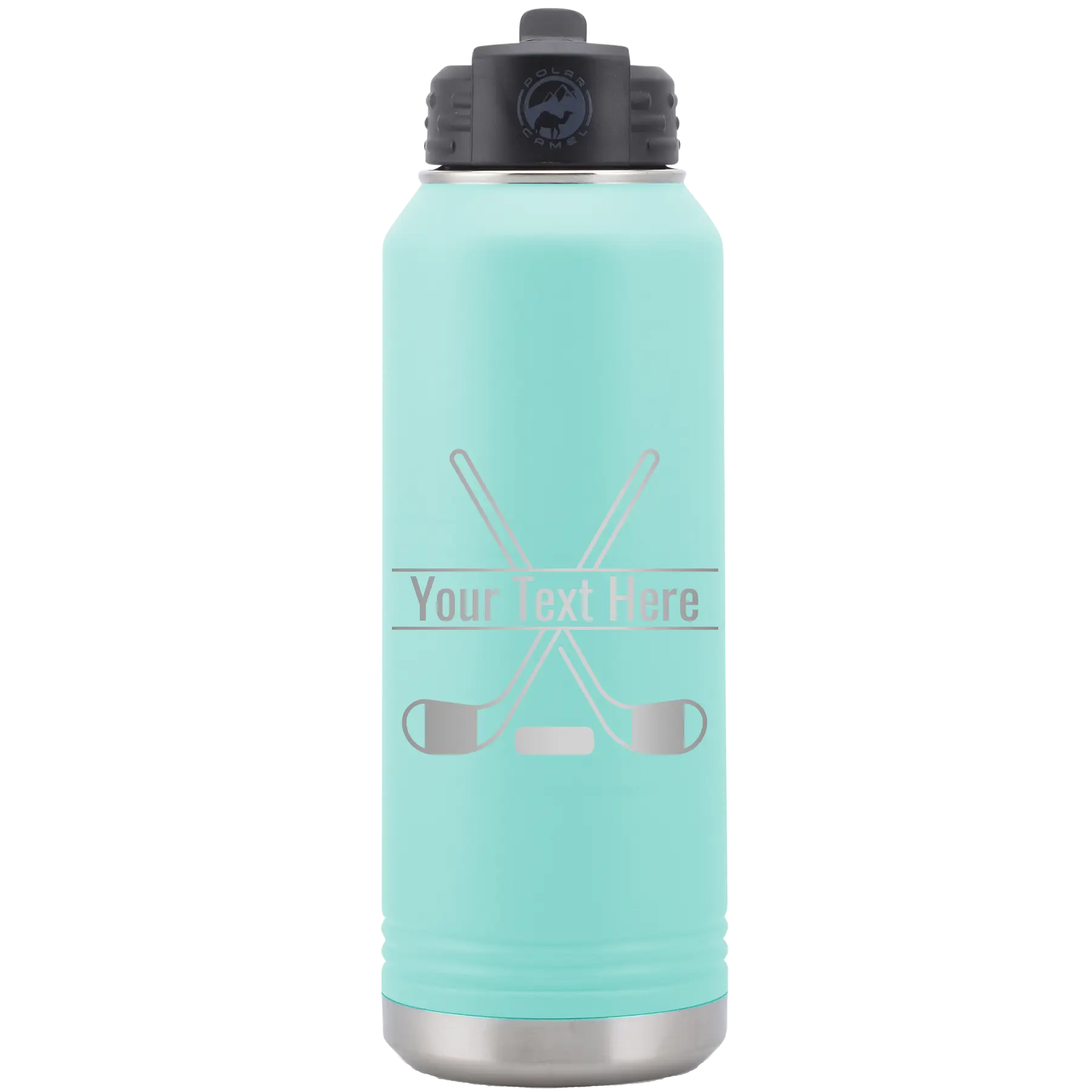 Personalized teal 32 oz vacuum insulated water bottle with 'Hockey' design