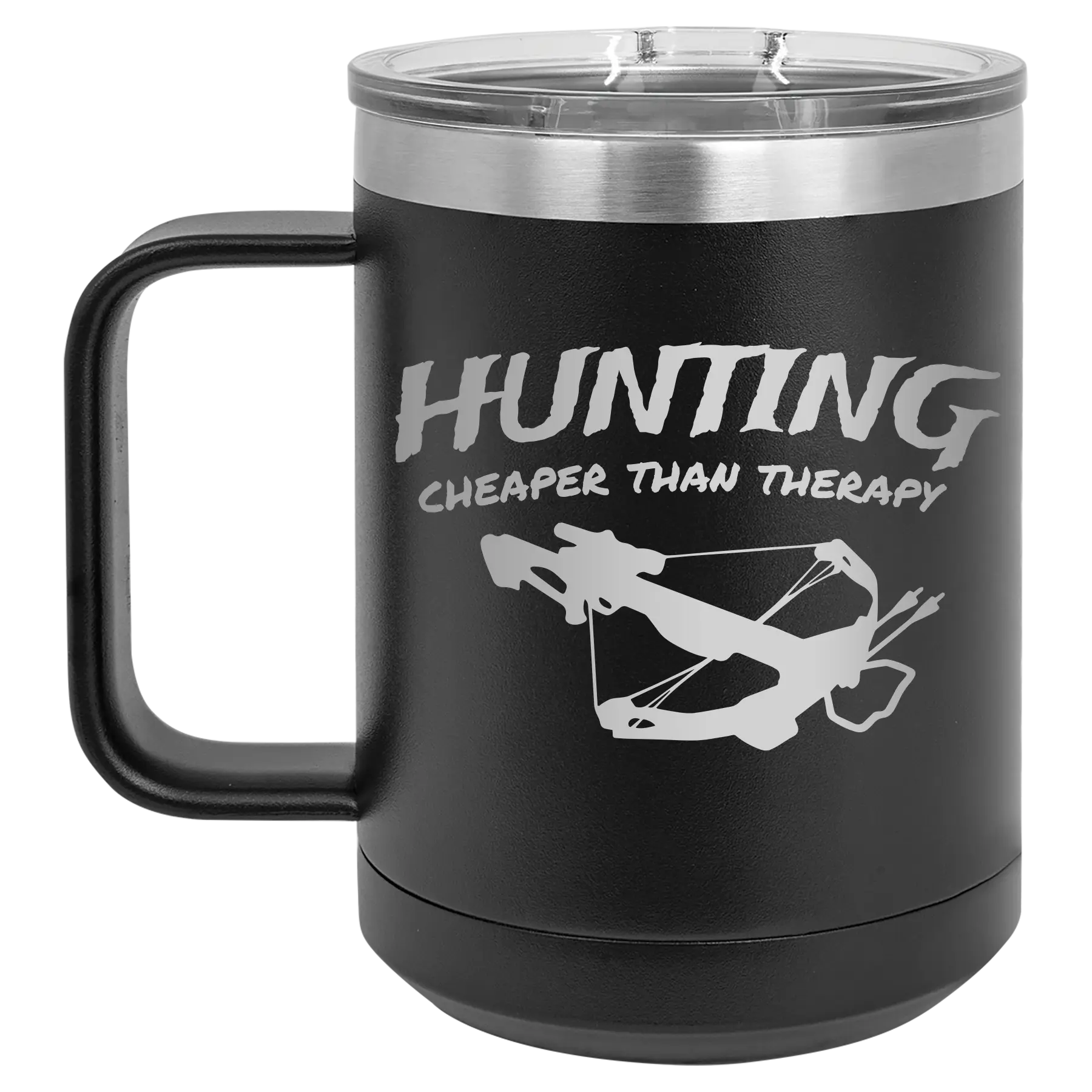 Laser etched black 15 oz vacuum insulated coffee mug with 'Hunting Cheaper than Therapy' design
