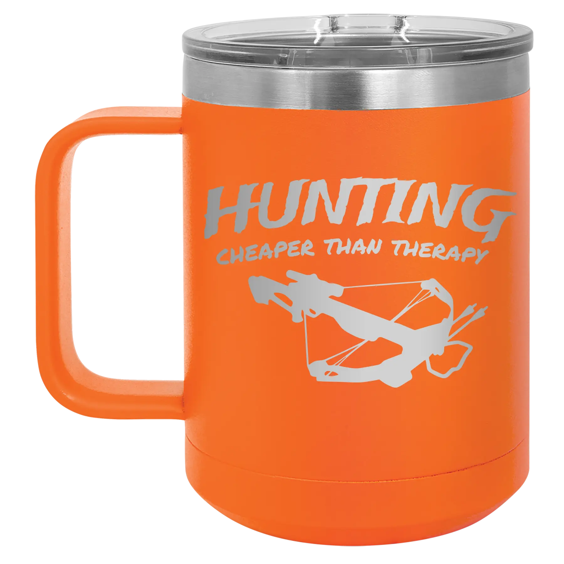 Laser etched orange 15 oz vacuum insulated coffee mug with 'Hunting Cheaper than Therapy' design