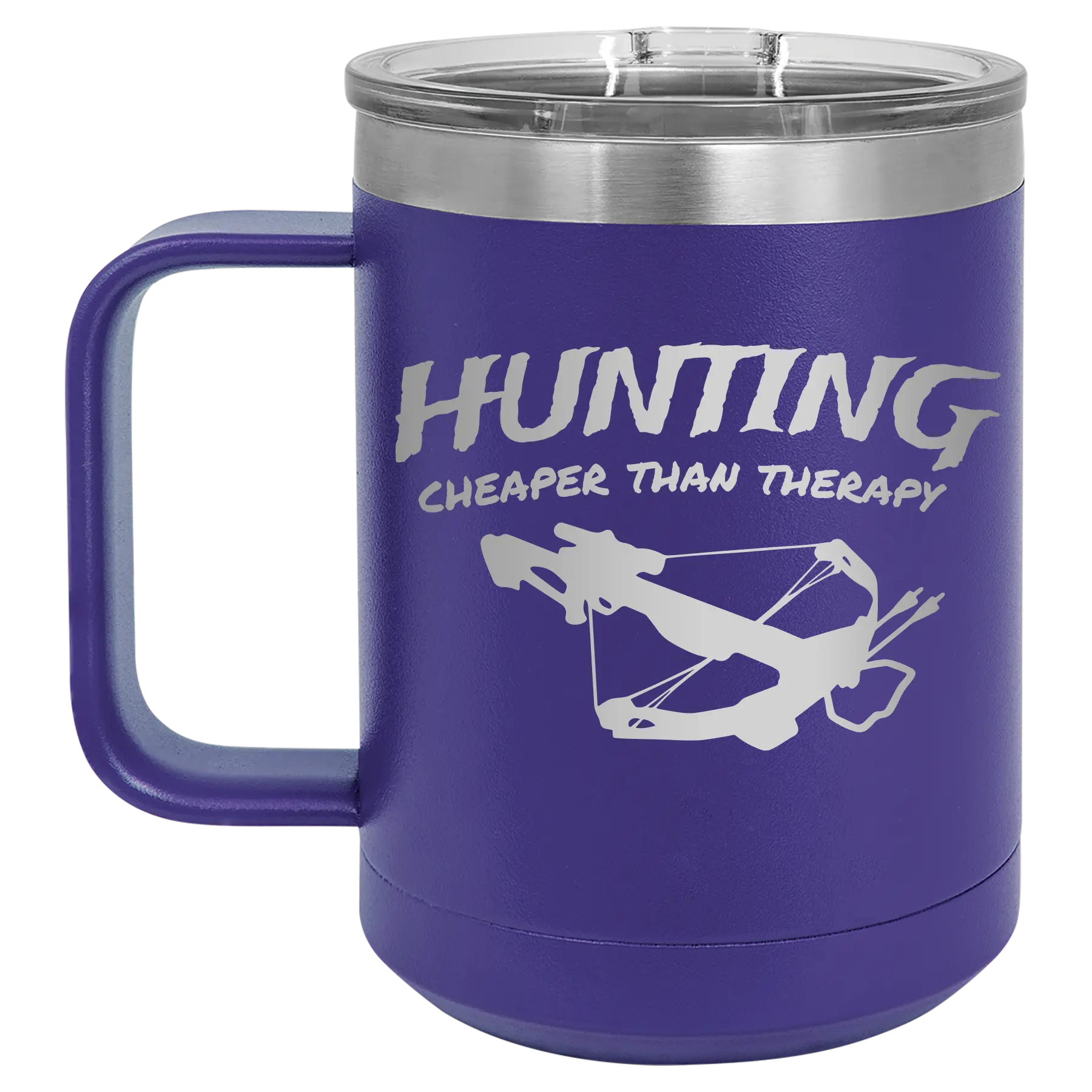Laser etched purple 15 oz vacuum insulated coffee mug with 'Hunting Cheaper than Therapy' design