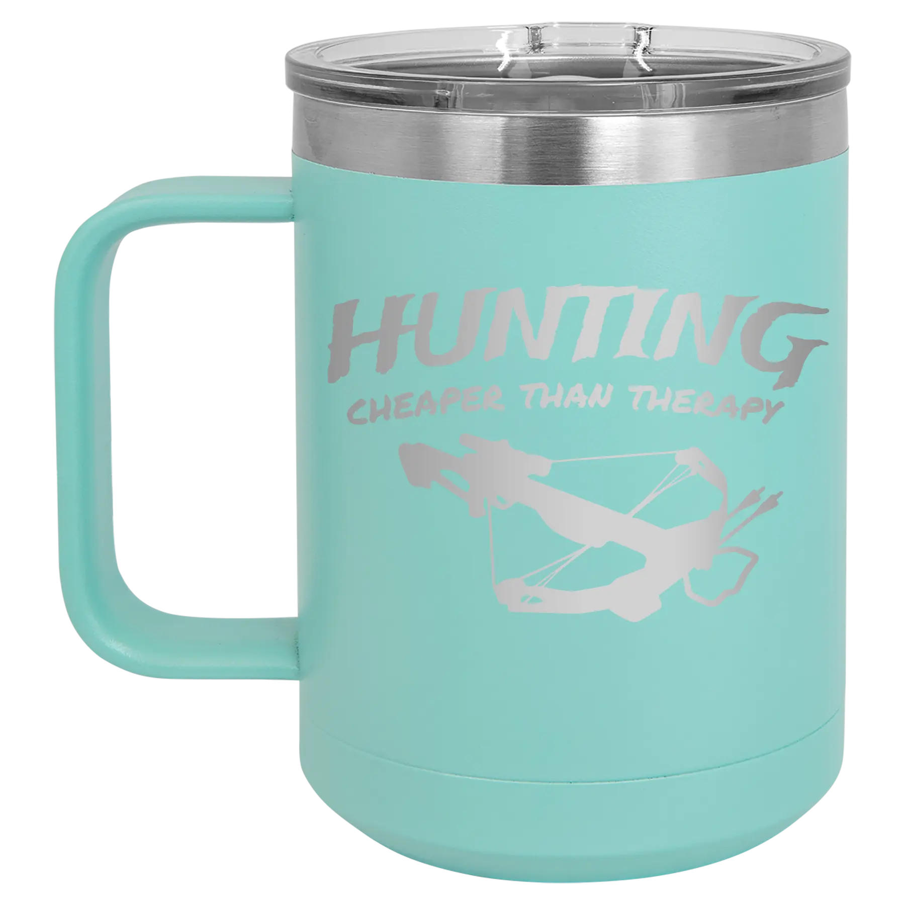 Laser etched teal 15 oz vacuum insulated coffee mug with 'Hunting Cheaper than Therapy' design