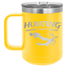 Laser etched yellow 15 oz vacuum insulated coffee mug with 'Hunting Cheaper than Therapy' design