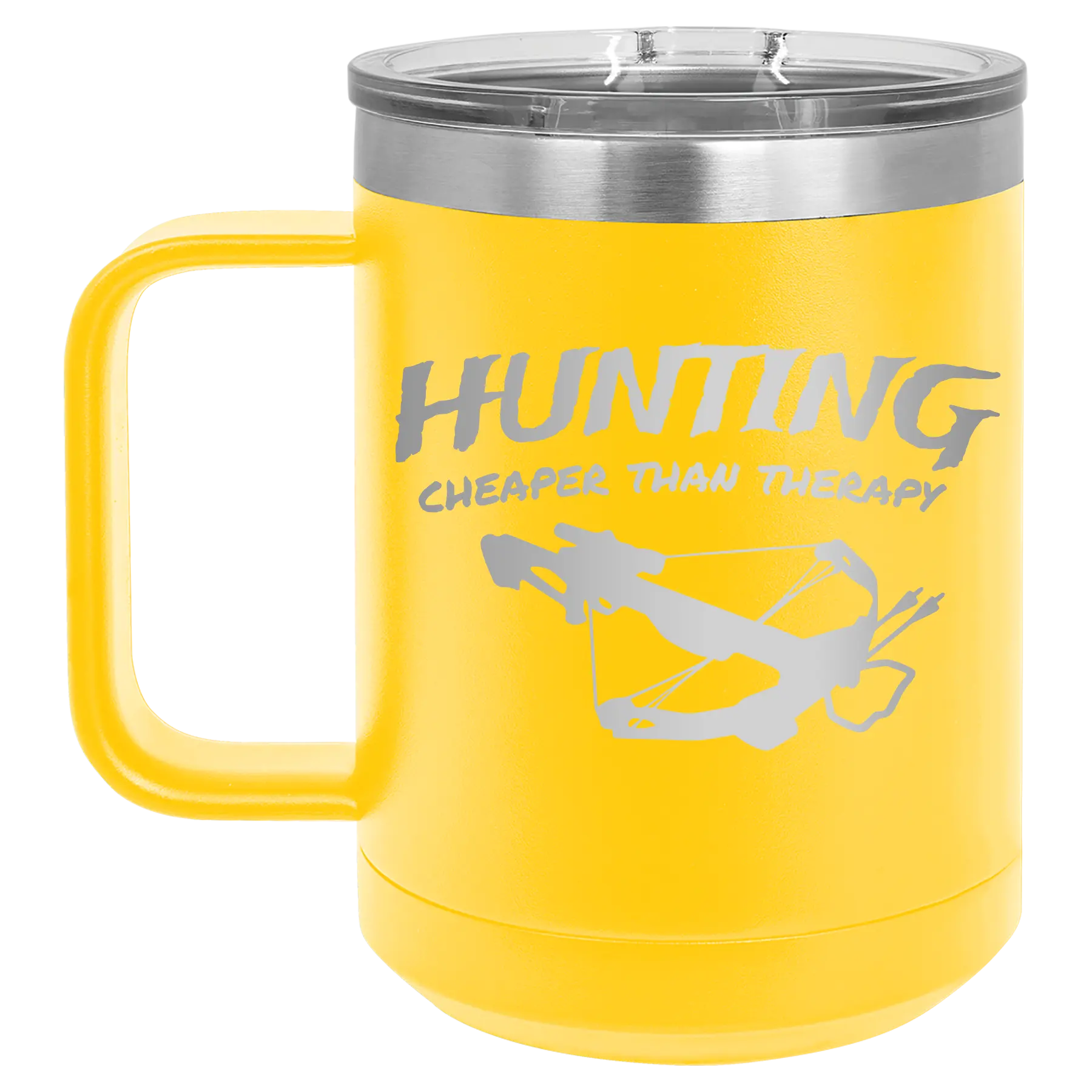 Laser etched yellow 15 oz vacuum insulated coffee mug with 'Hunting Cheaper than Therapy' design