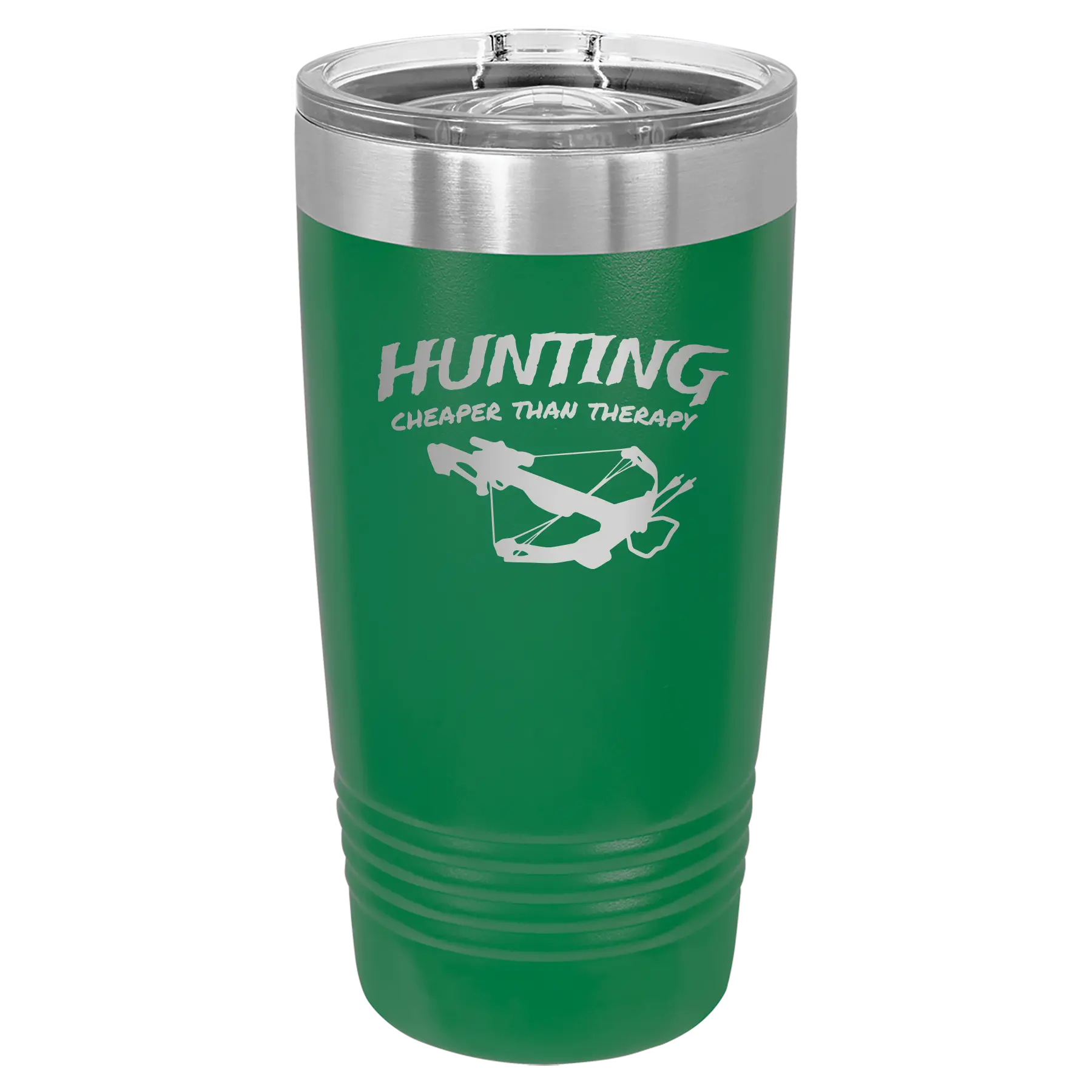 Laser etched green 20 oz vacuum insulated tumbler with 'Hunting Cheaper than Therapy' design