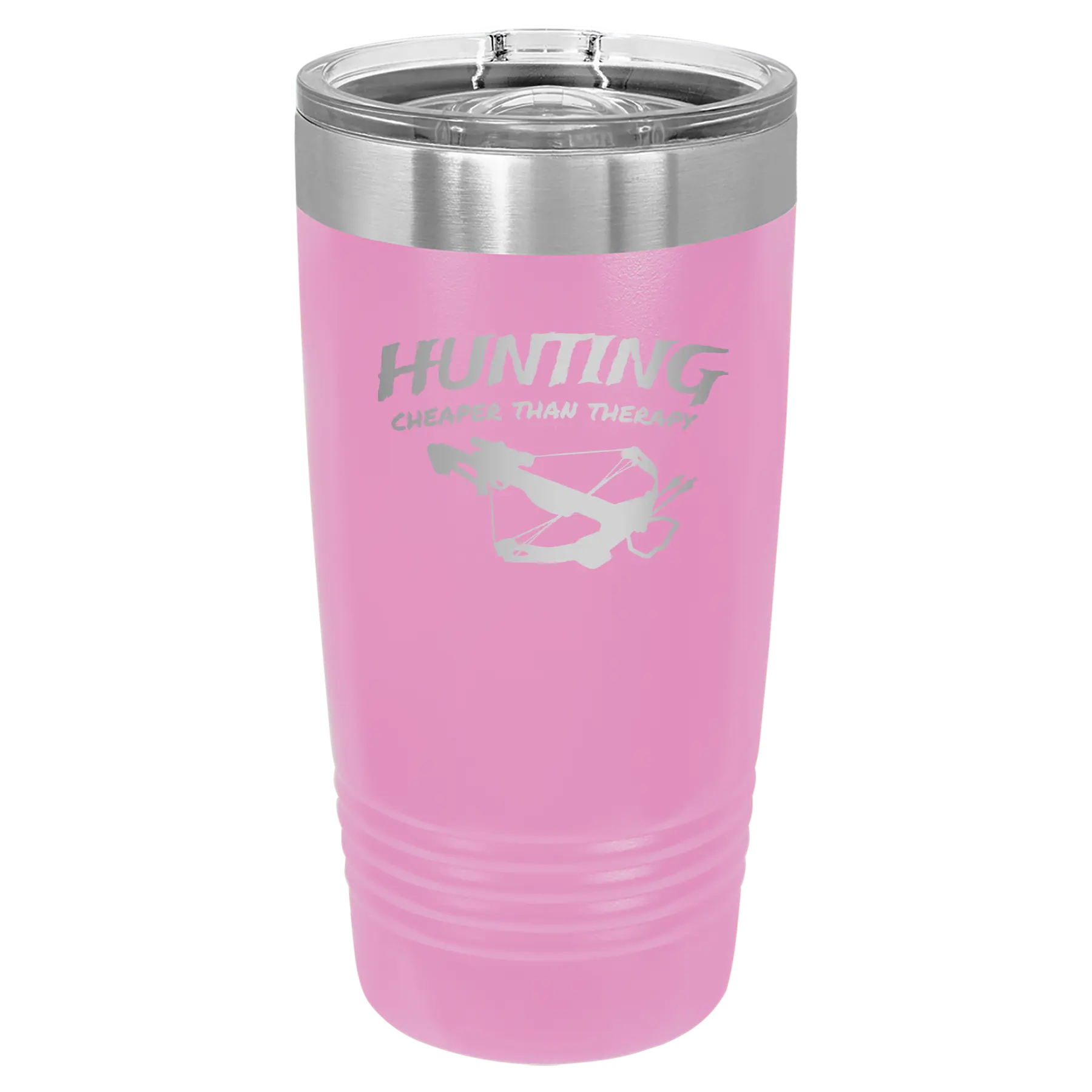 Laser etched light purple 20 oz vacuum insulated tumbler with 'Hunting Cheaper than Therapy' design