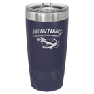 Laser etched navy 20 oz vacuum insulated tumbler with 'Hunting Cheaper than Therapy' design
