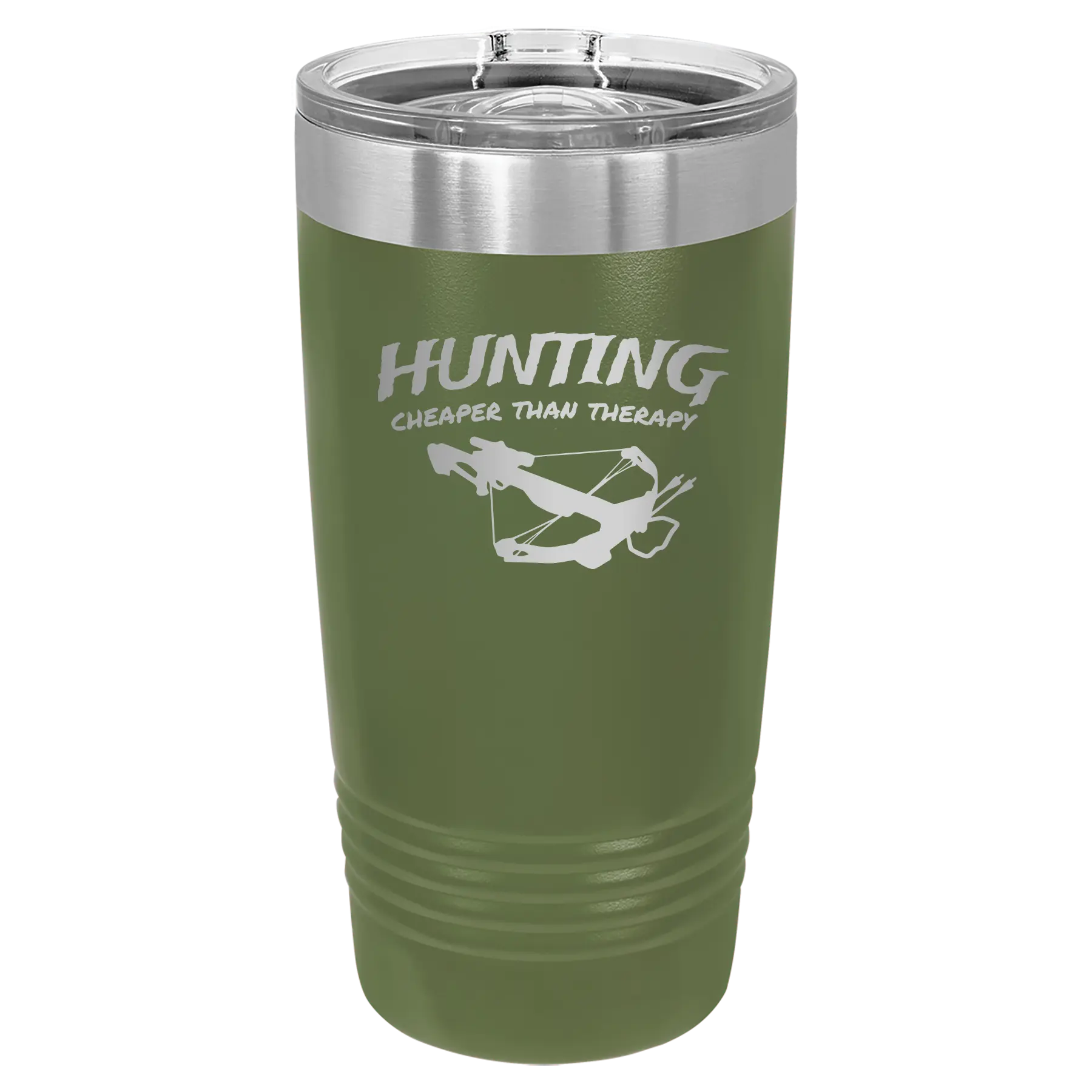 Laser etched olive green 20 oz vacuum insulated tumbler with 'Hunting Cheaper than Therapy' design