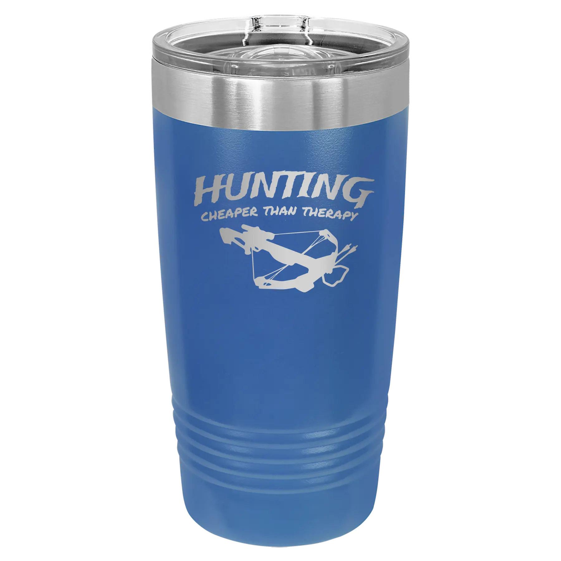 Laser etched royal blue 20 oz vacuum insulated tumbler with 'Hunting Cheaper than Therapy' design