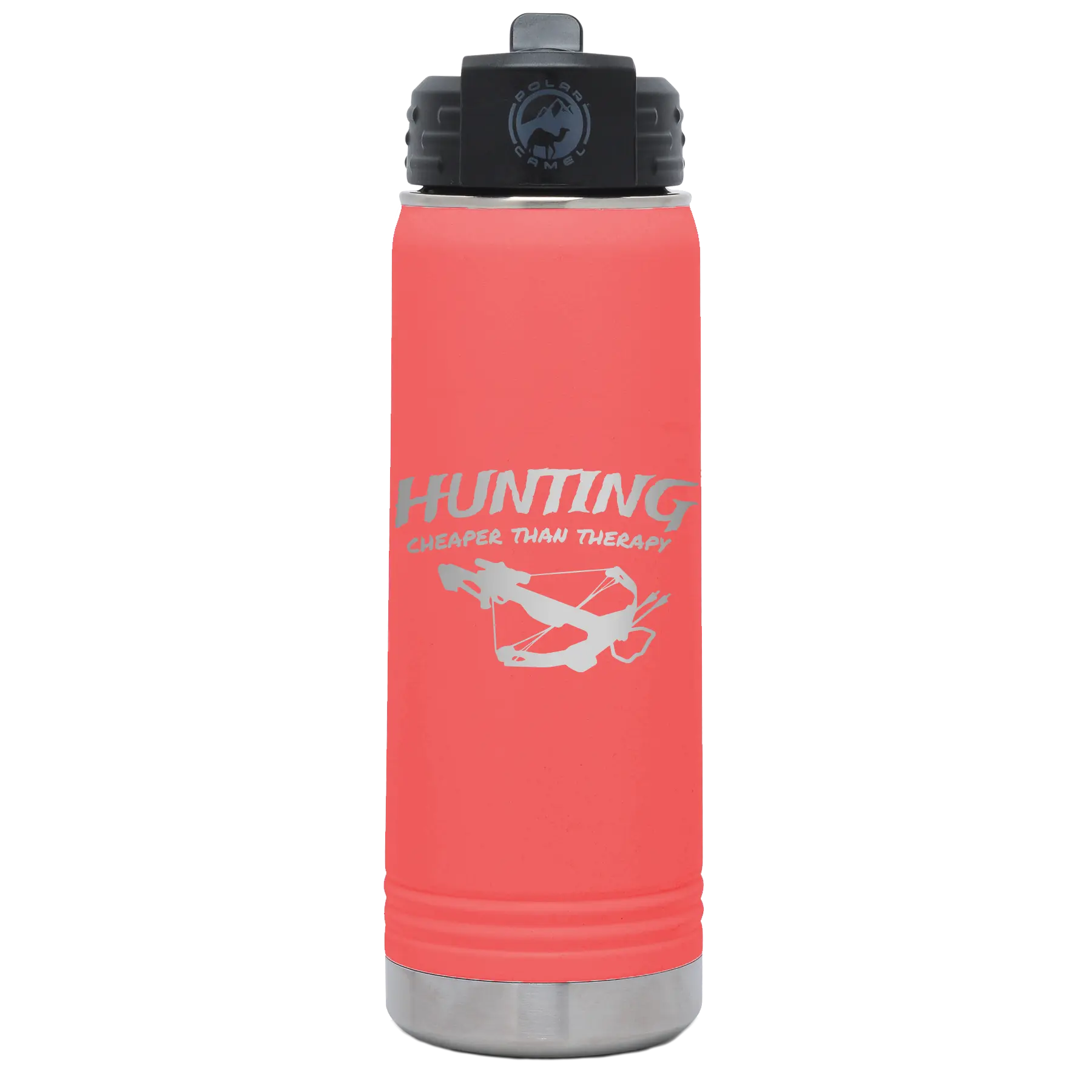 Laser etched coral 20 oz vacuum insulated water bottle with 'Hunting Cheaper than Therapy' design