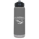 Laser etched dark gray 20 oz vacuum insulated water bottle with 'Hunting Cheaper than Therapy' design