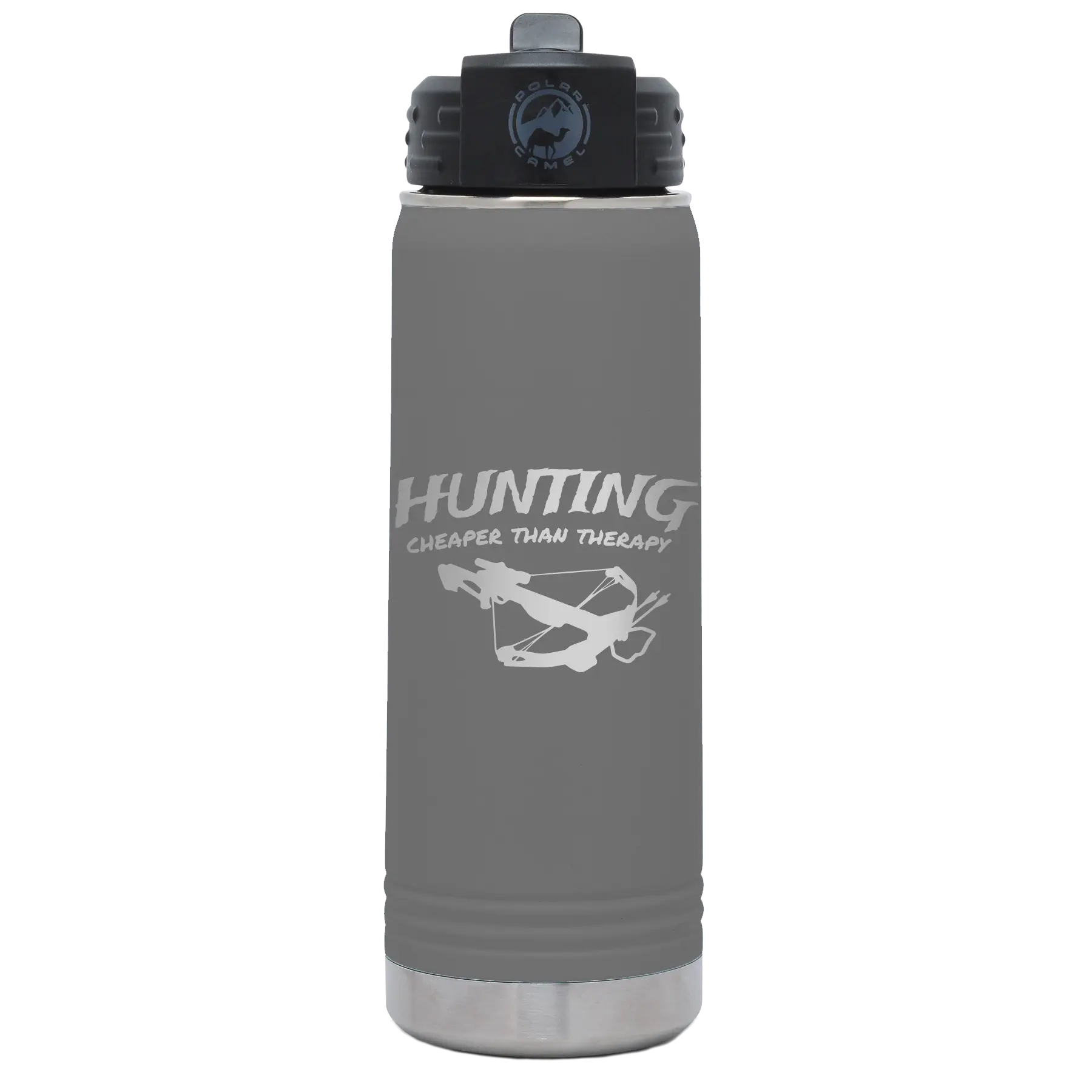 Laser etched dark gray 20 oz vacuum insulated water bottle with 'Hunting Cheaper than Therapy' design