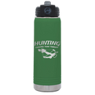 Laser etched green 20 oz vacuum insulated water bottle with 'Hunting Cheaper than Therapy' design