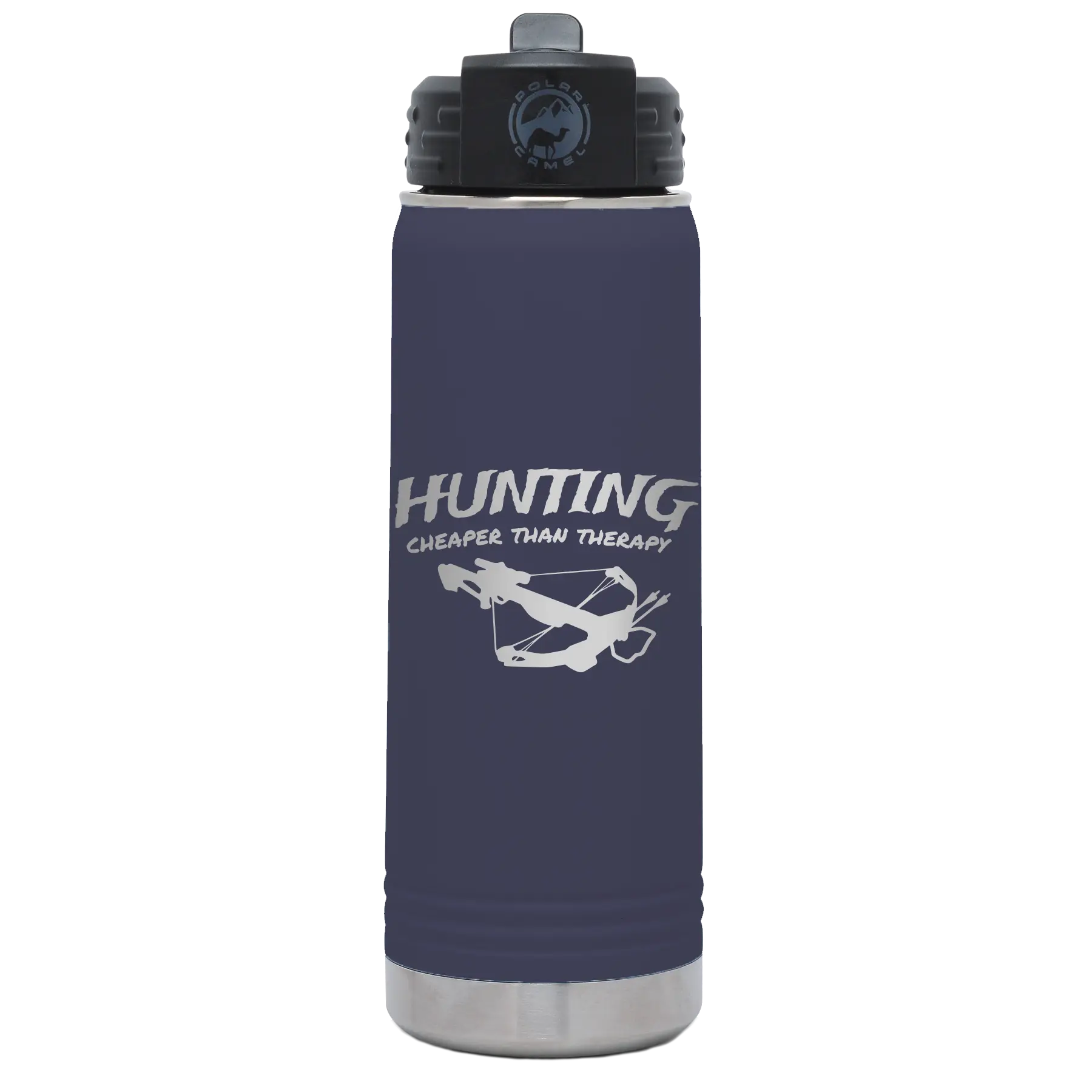Laser etched navy 20 oz vacuum insulated water bottle with 'Hunting Cheaper than Therapy' design