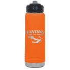 Laser etched orange 20 oz vacuum insulated water bottle with 'Hunting Cheaper than Therapy' design