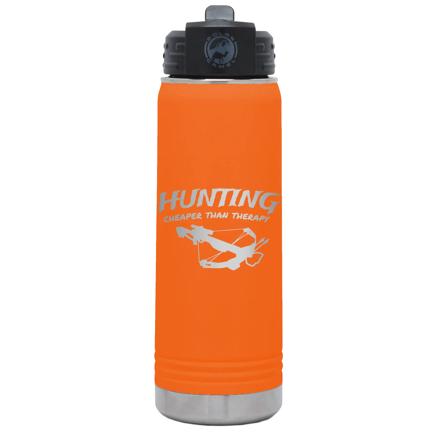 Laser etched orange 20 oz vacuum insulated water bottle with 'Hunting Cheaper than Therapy' design